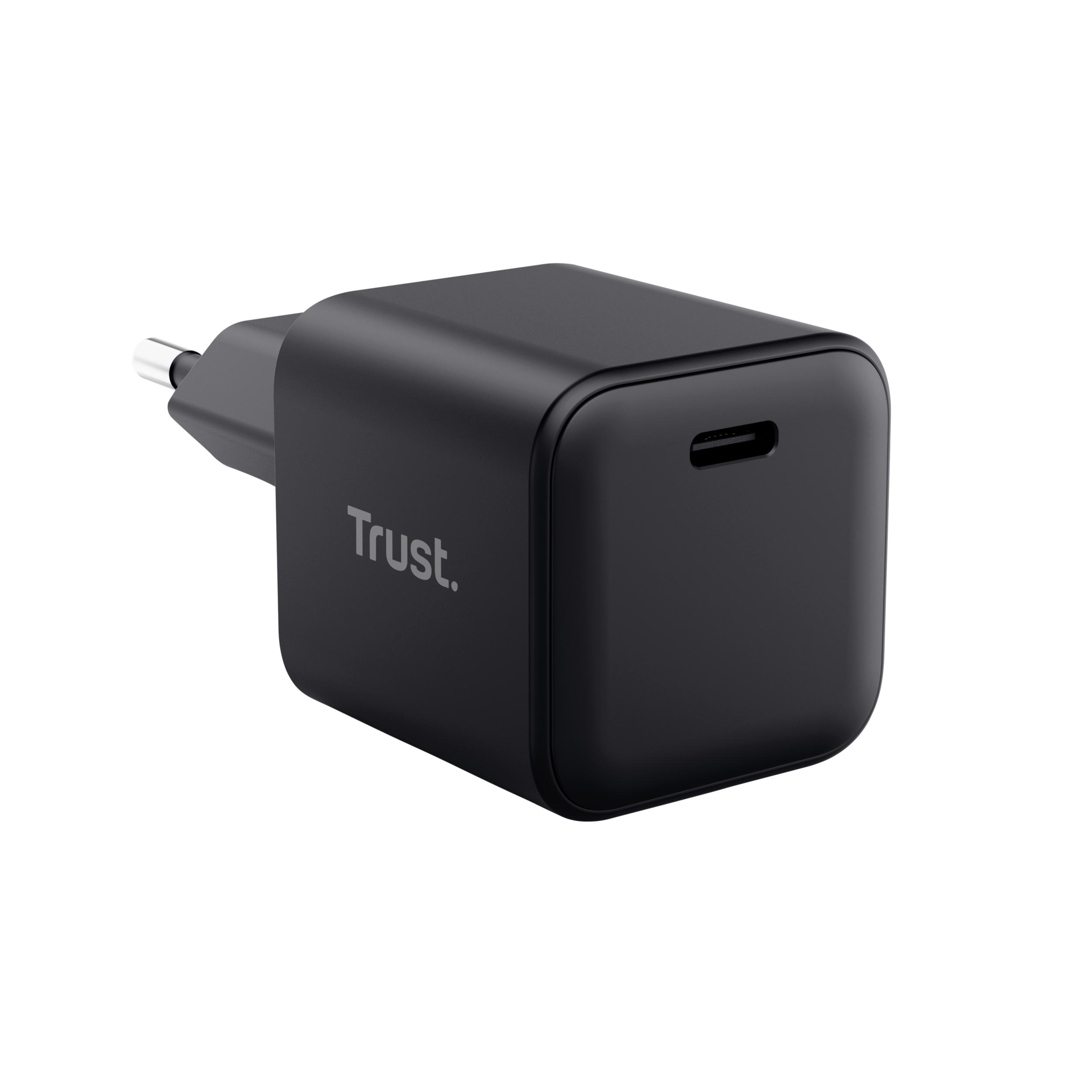 Fekete USB-C hálózati adapter dugóval és „Trust.“ logóval.