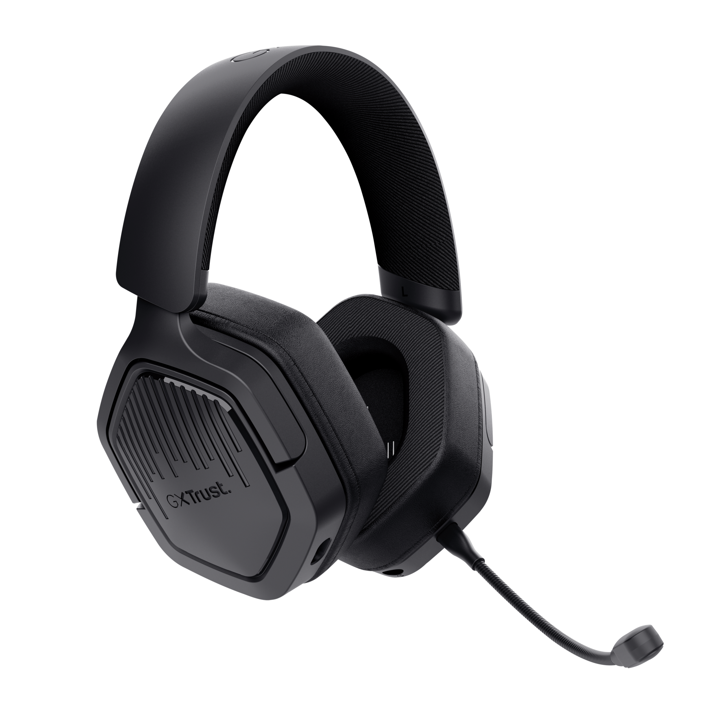 Fekete gamer headset mikrofonnal, texturált fülpárnákkal és rugalmas mikrofonkarral.
