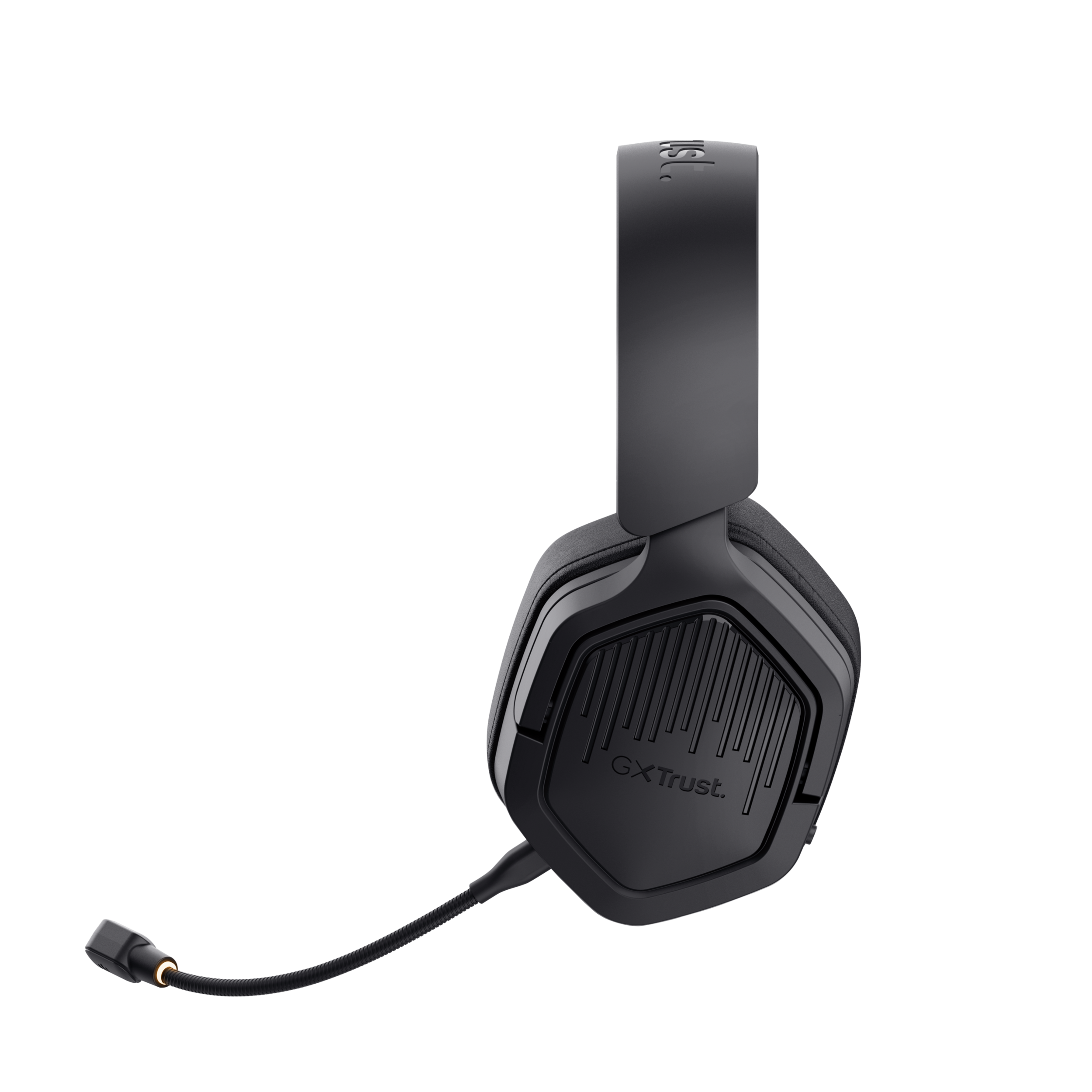 Fekete gamer fejhallgató mikrofonnal, fekete háttéren.