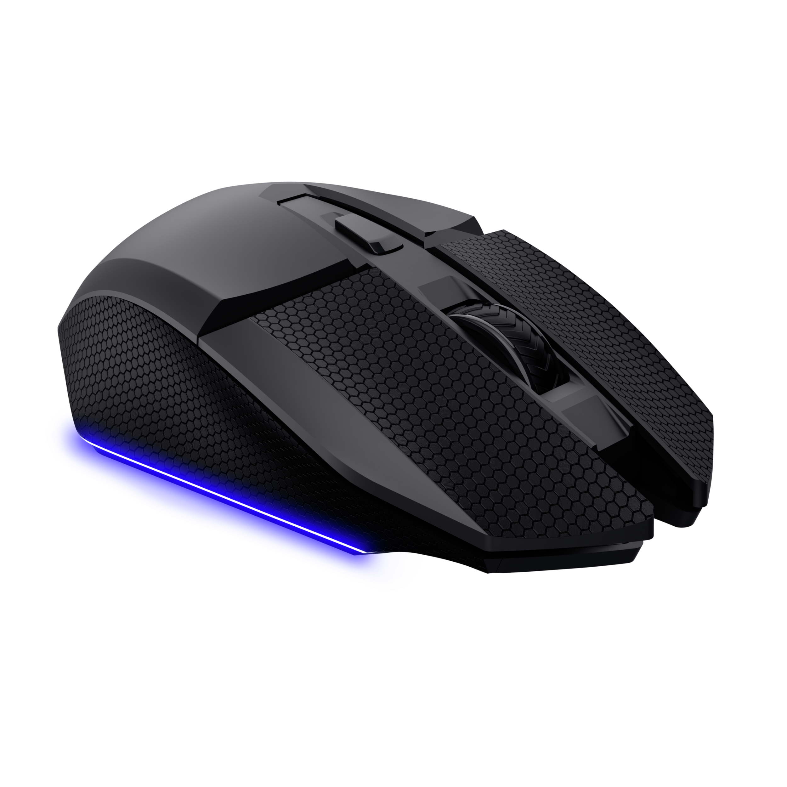 Fekete gamer egér kék LED világítással és méhsejt mintával.