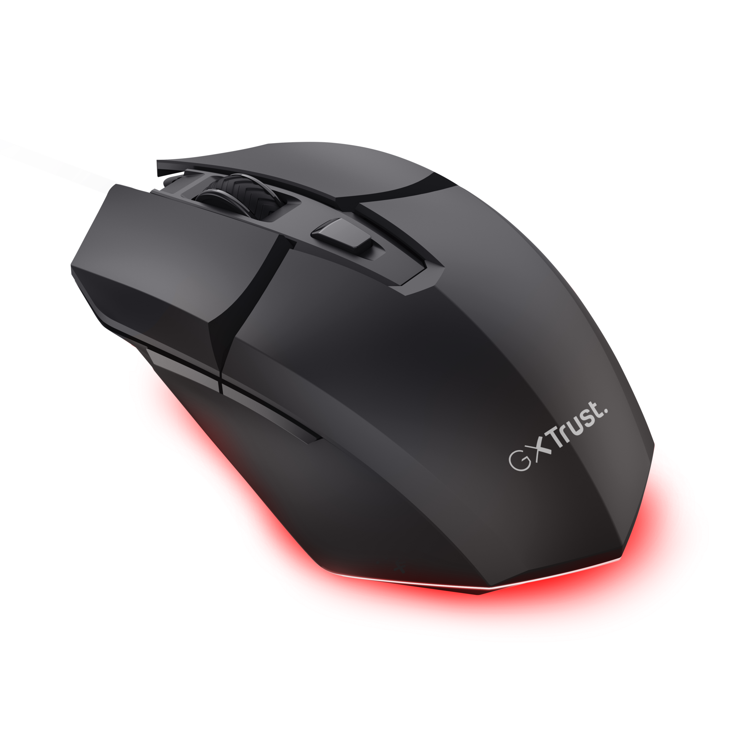 Fekete gamer egér piros világítással és kábellel, fekete háttéren.