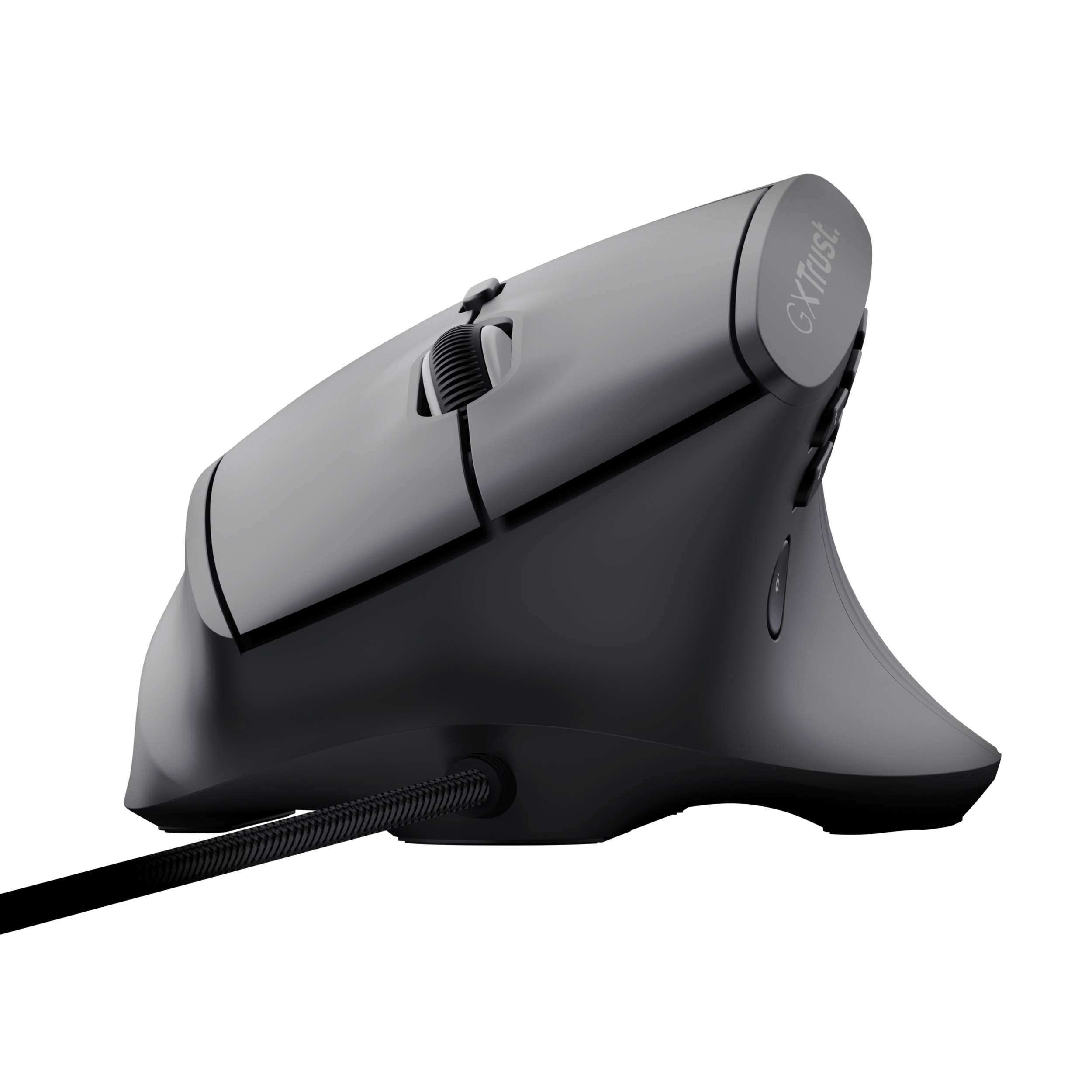 Szürke számítógépes egér szürke kerékkel és kábellel, fekete háttérrel.