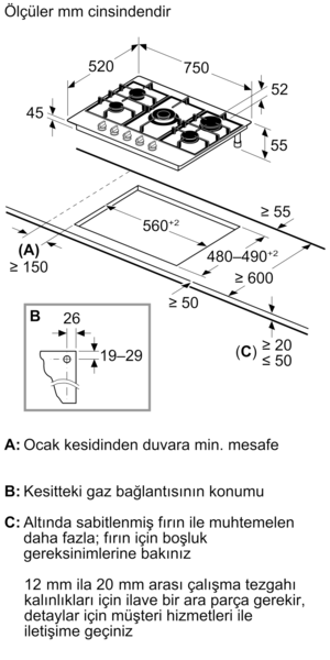 Gazlı ocak şeması, boyutlar ve montaj ölçüleri.