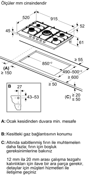Gazlı ocak teknik çizimi, boyutlar ve kurulum detayları içerir.