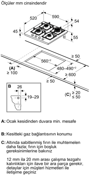 Gazlı ocak şeması, boyutları ve montaj ölçüleri ile.