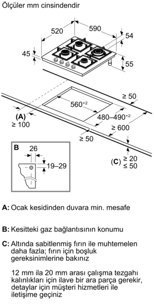 Gazlı ocak için teknik çizim ve montaj ölçüleri.