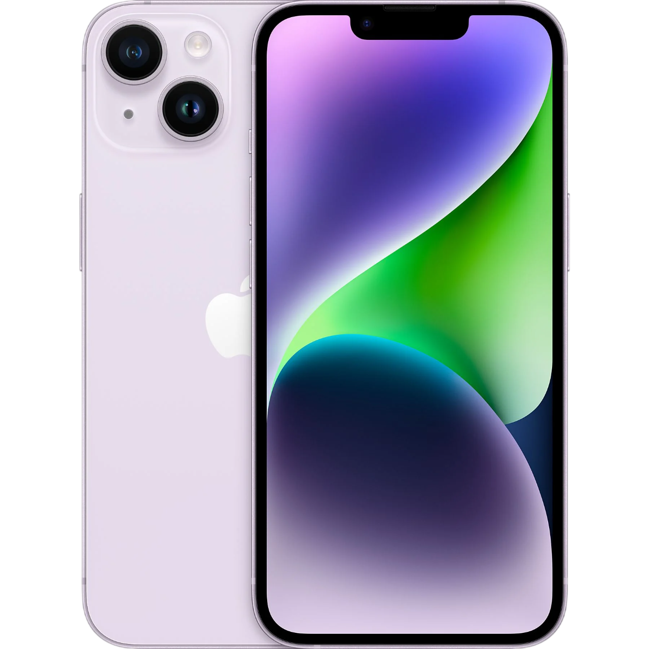 Çift kameralı ve Apple logolu mor bir iPhone.