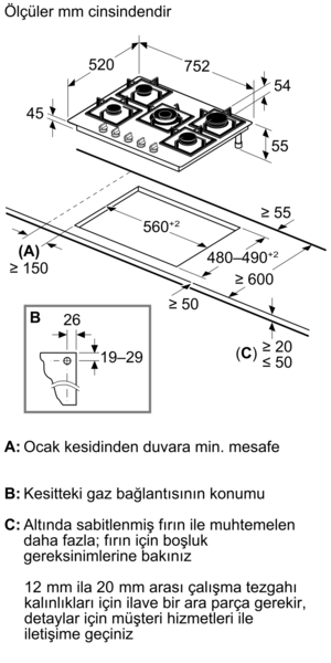 Gazlı ocak teknik çizimi, mm cinsinden ölçülerle. Montaj ölçülerini ve boşlukları gösterir.