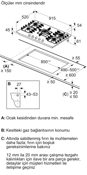 Gazlı ocak teknik çizimi, ölçüler ve montaj talimatları.
