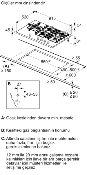 Gazlı ocak teknik çizimi, montaj ölçüleri ve notları içerir.