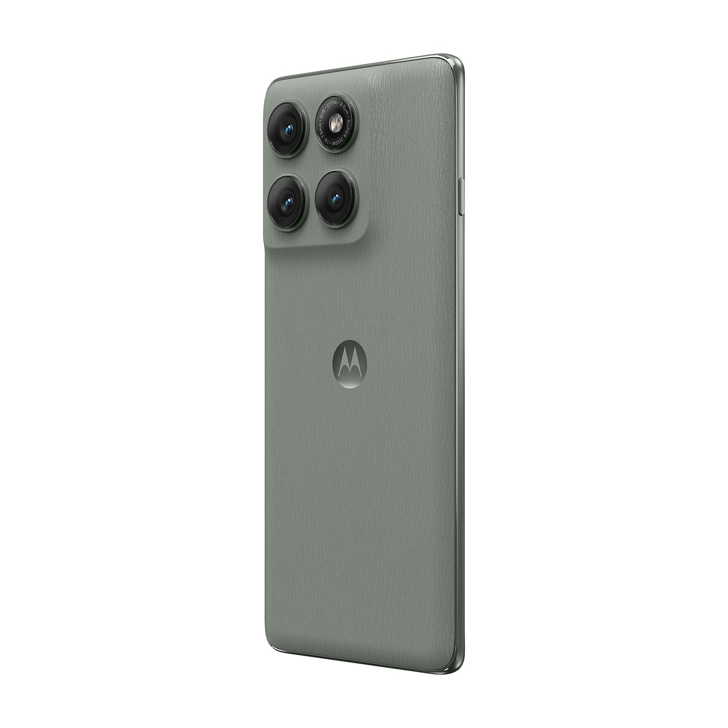 Retro di uno smartphone Motorola grigio con quattro fotocamere e logo Motorola.