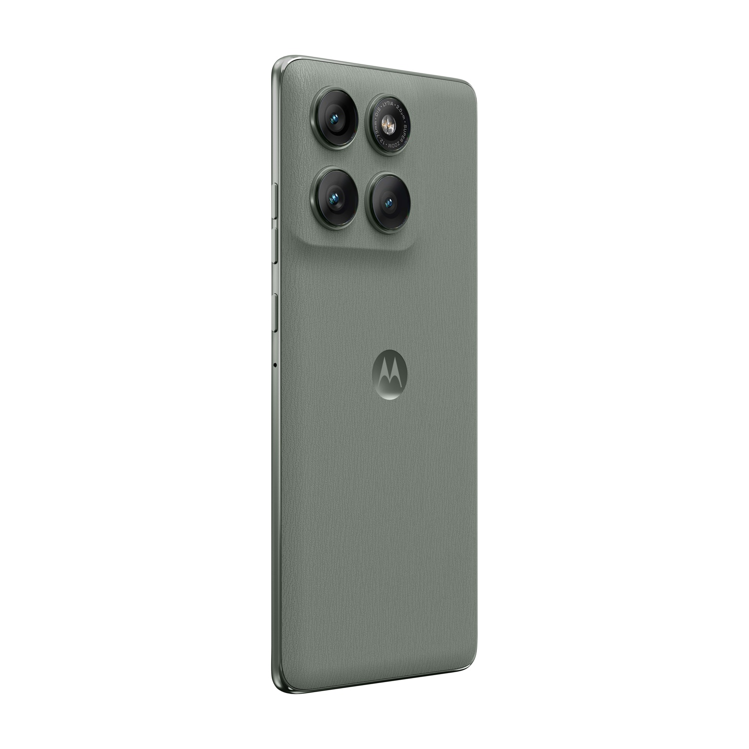 Retro di uno smartphone grigio con quattro fotocamere e logo Motorola.