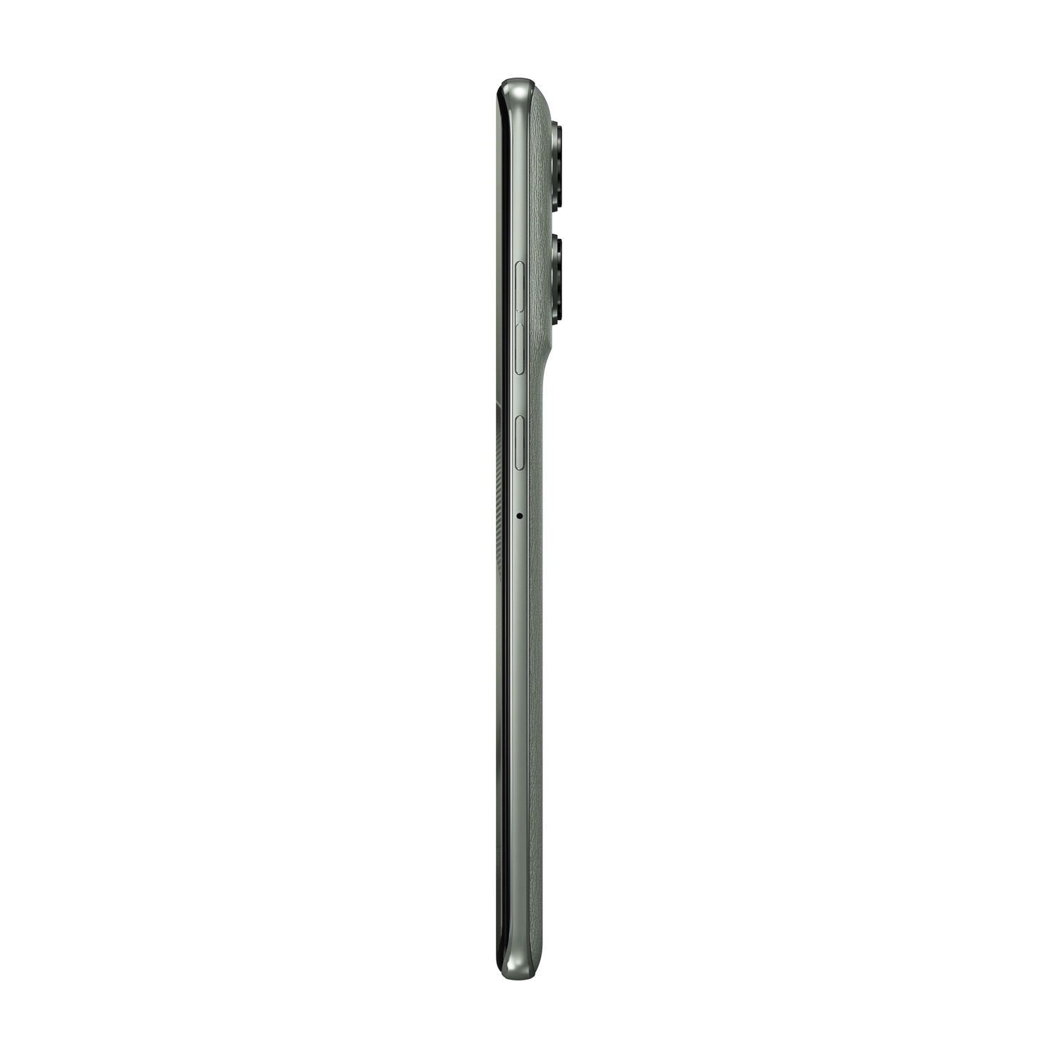 Smartphone grigio visto di lato, con modulo fotocamera e pulsanti visibili.