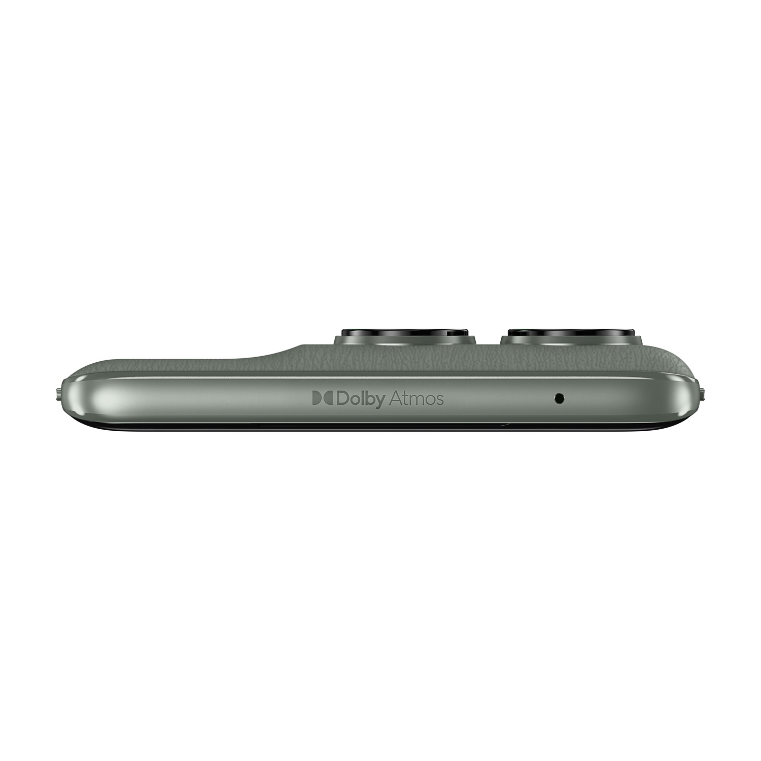 Smartphone grigio con logo Dolby Atmos e due obiettivi.