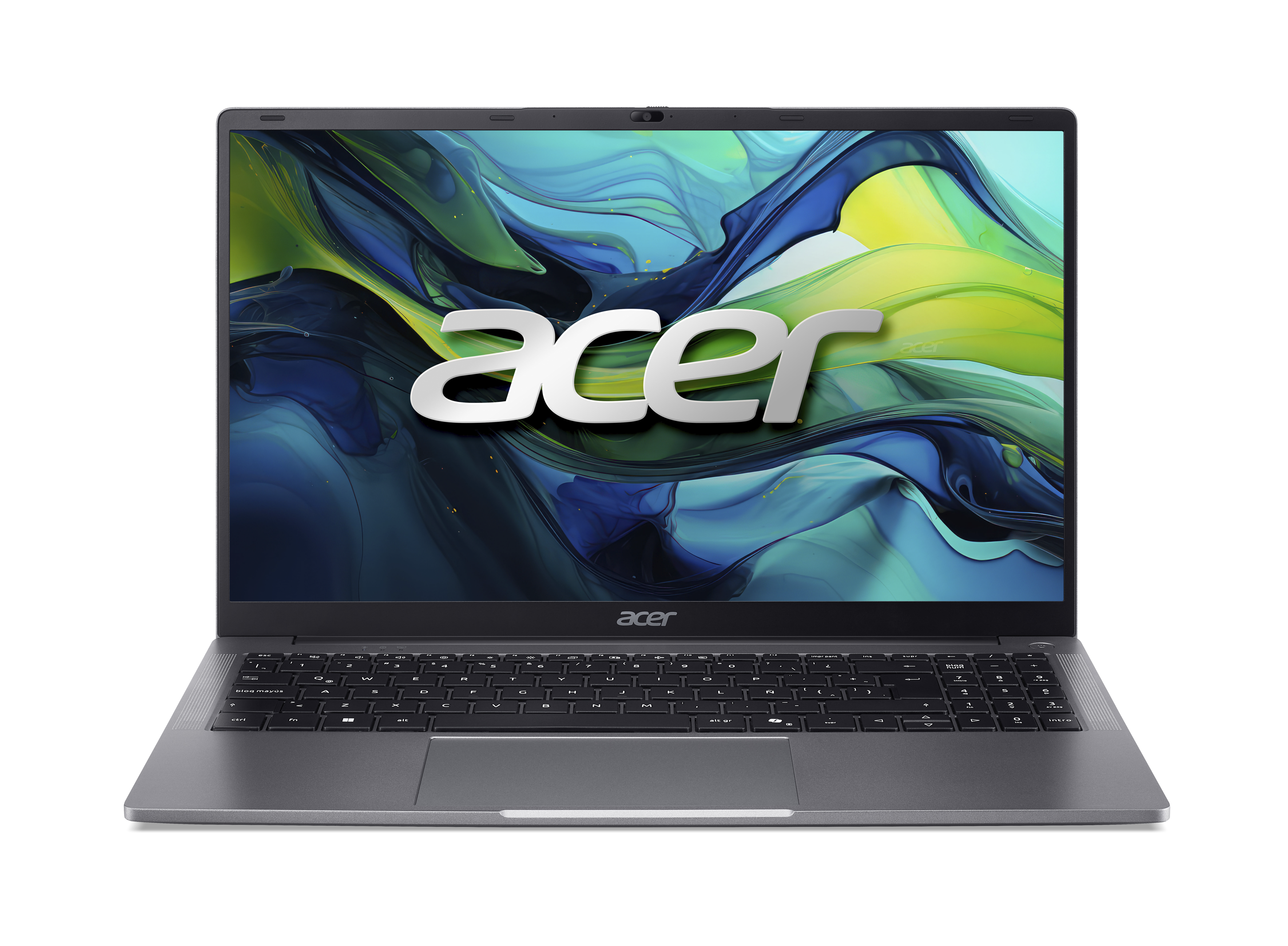 Ein offener grauer Acer Laptop mit einem bunten Hintergrund auf dem Bildschirm.