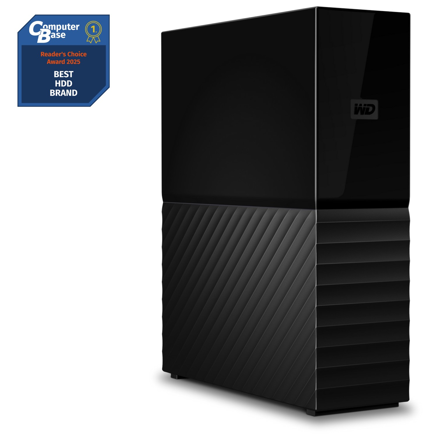 Disco duro desktop wd my book con una insignia dorada de premio que dice Computer Base numero uno Reader's Choice Award 2025 Best HDD Brand