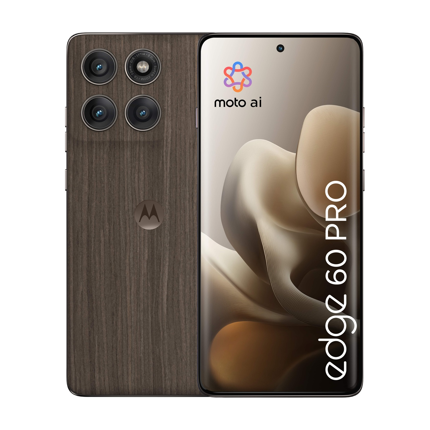 Un Motorola Edge 60 Pro con retro effetto legno e quattro fotocamere.