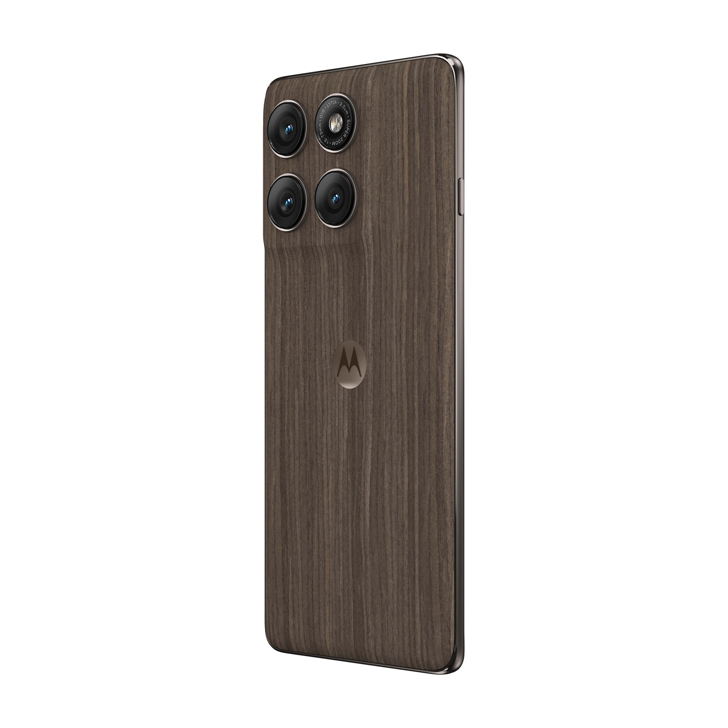 Retro di uno smartphone in legno scuro con quattro fotocamere e logo Motorola.
