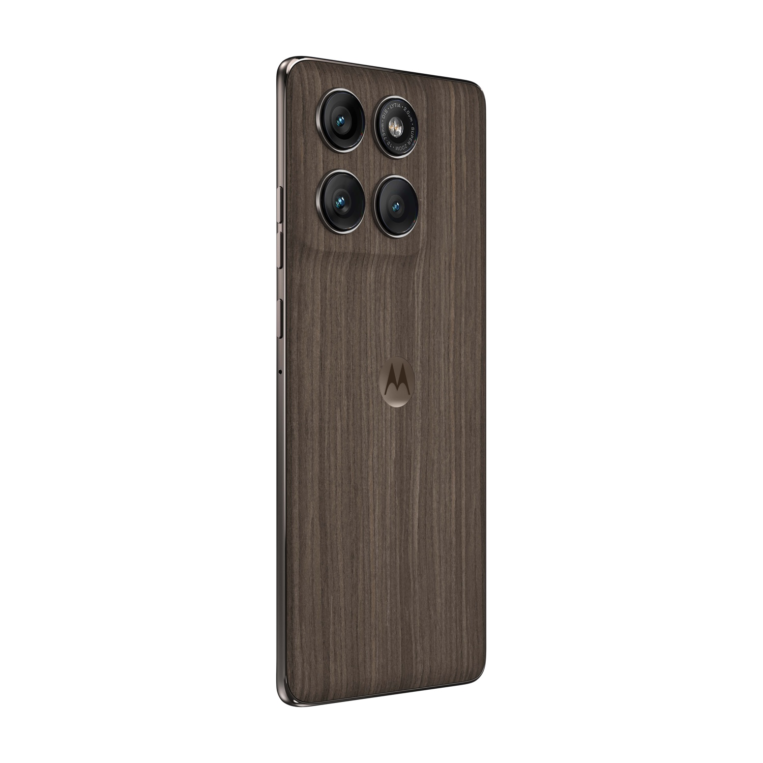 Retro di uno smartphone in legno scuro con quattro fotocamere e logo Motorola.