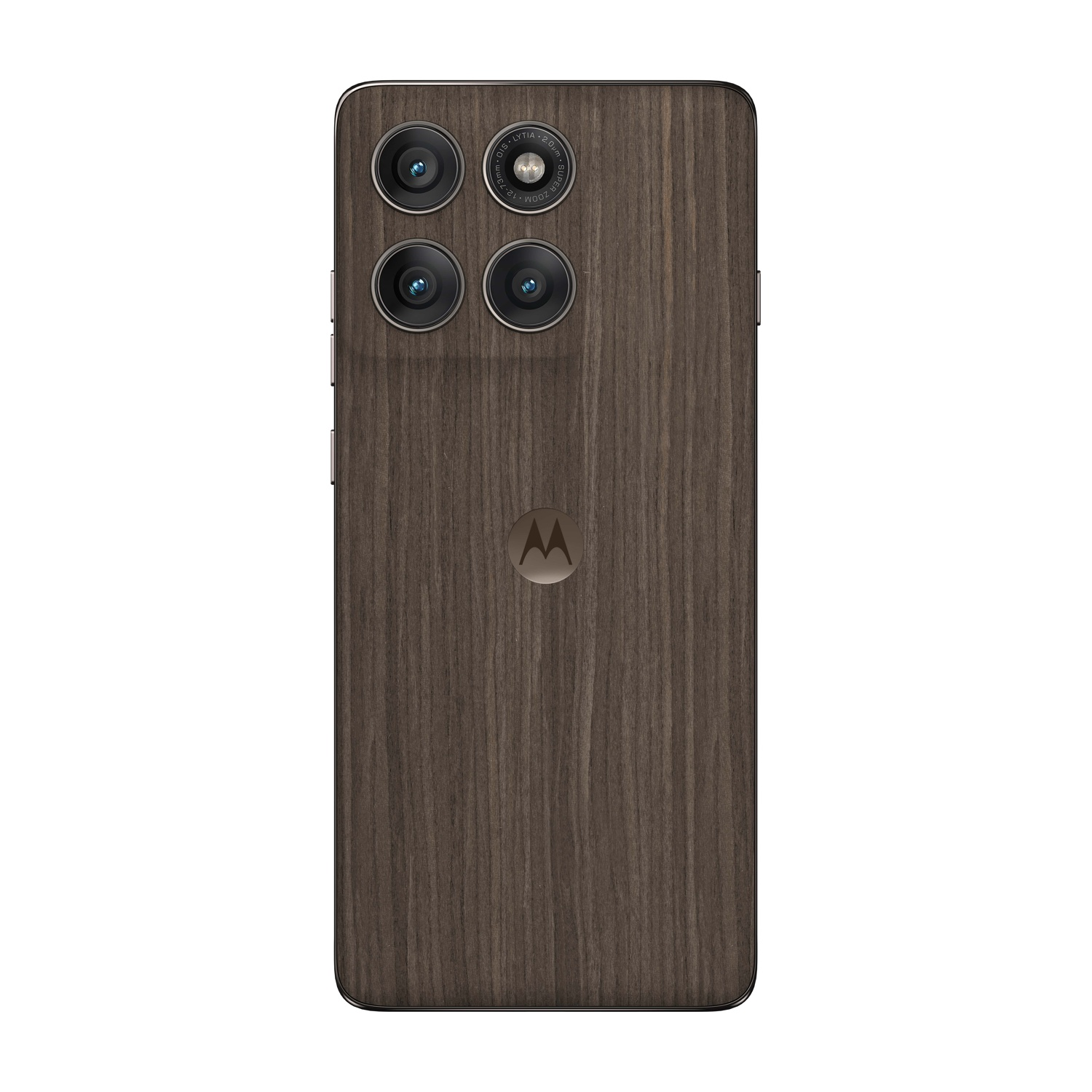 Retro di uno smartphone con venature di legno scuro, quattro obiettivi e logo Motorola.