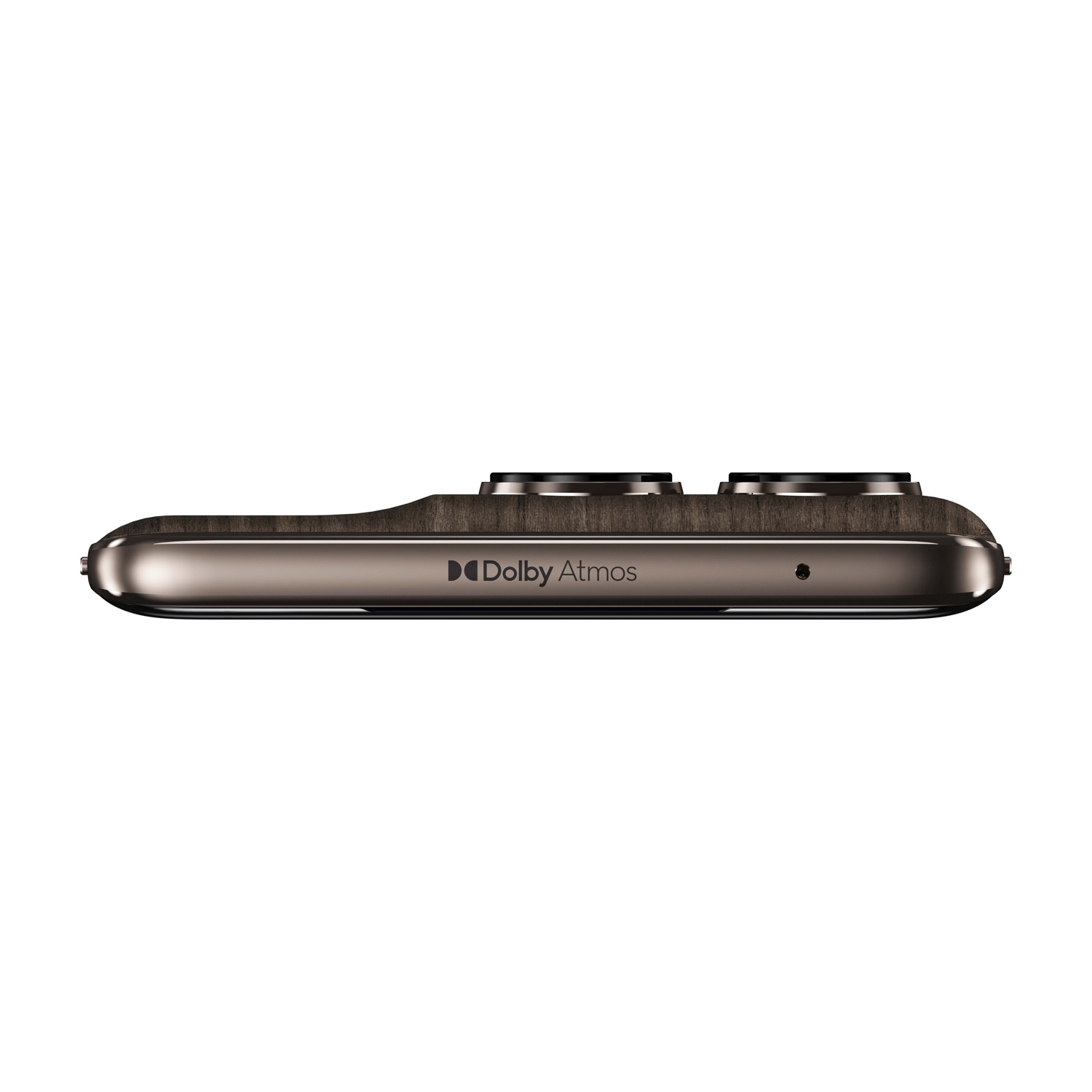 Primo piano di uno smartphone con logo Dolby Atmos e due moduli fotocamera.