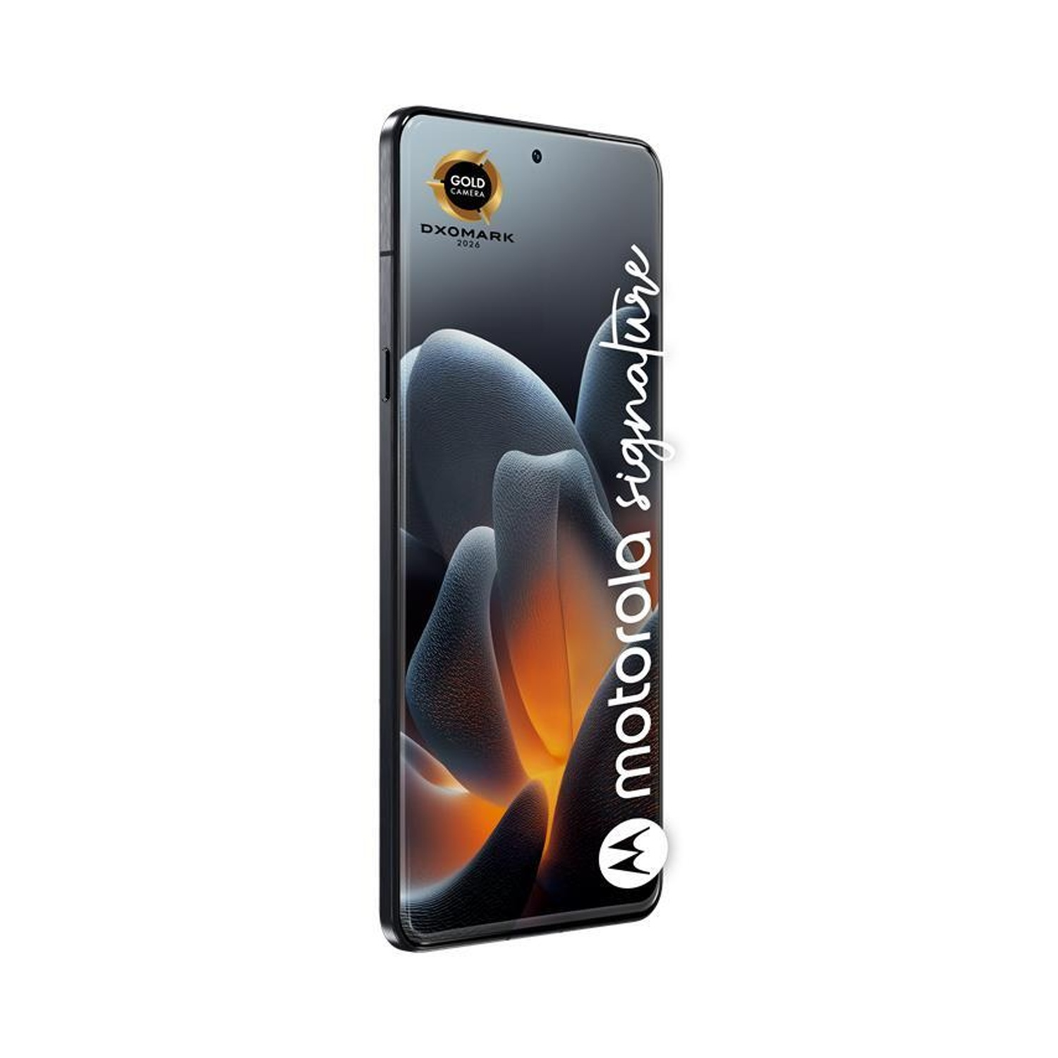 Uno smartphone Motorola con sigillo DXOMARK Gold Camera. Sfondo grigio.