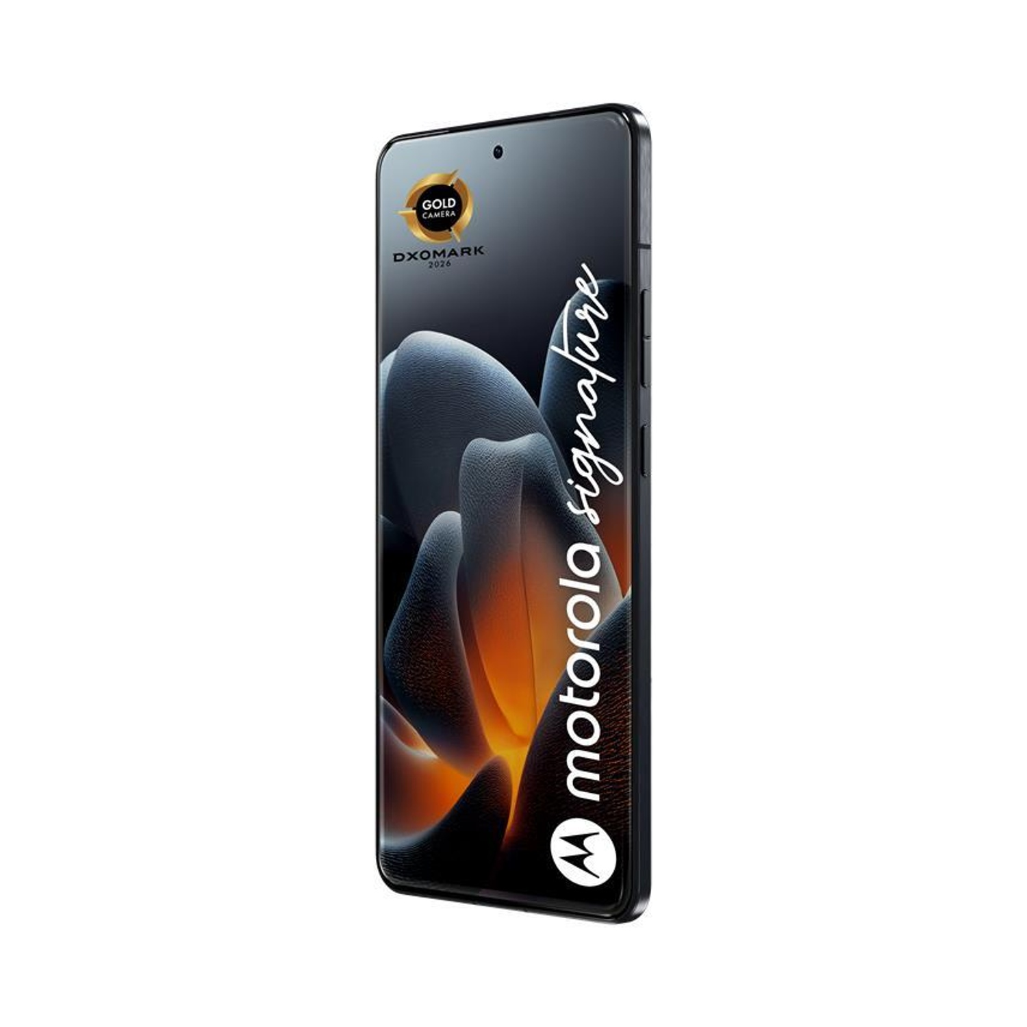 Uno smartphone Motorola nero con sigillo Gold Camera DXOMARK e testo firma.