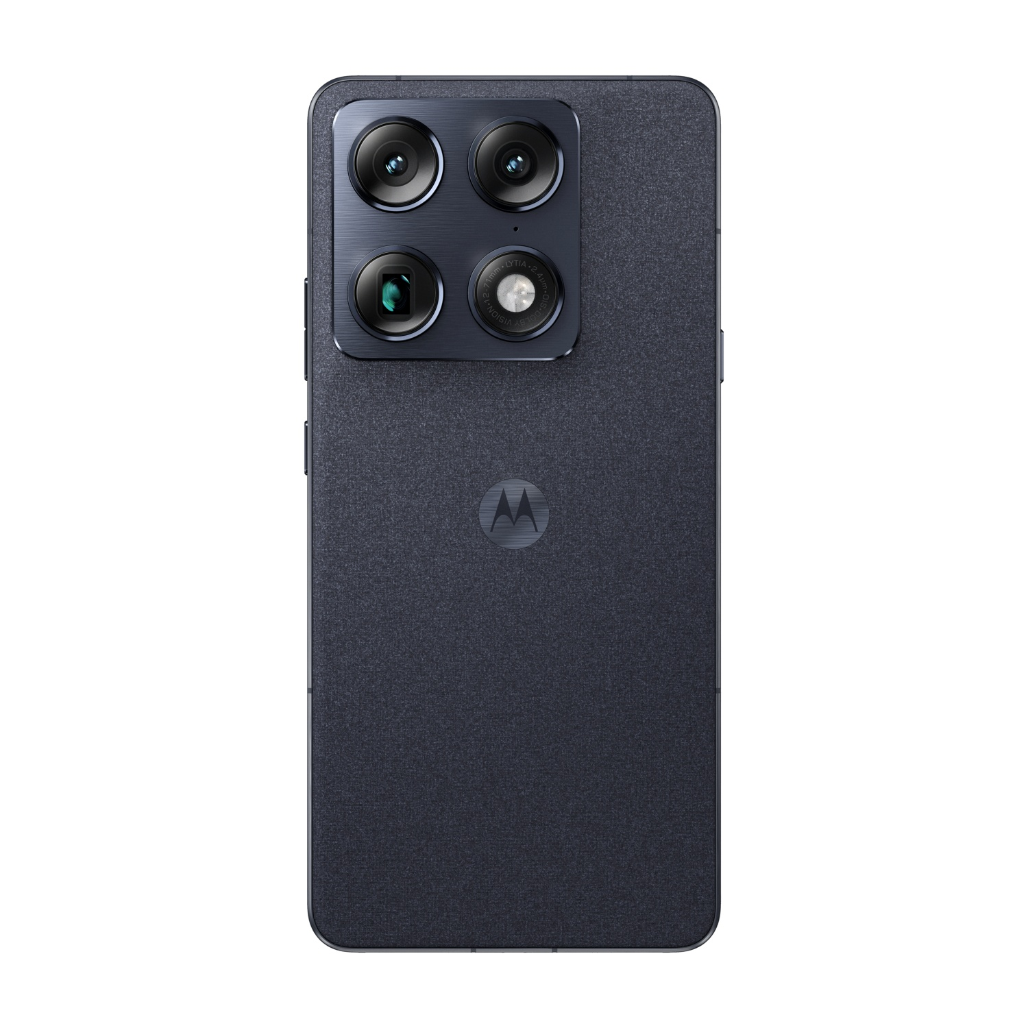 Retro di un telefono Motorola scuro con quattro fotocamere e logo.