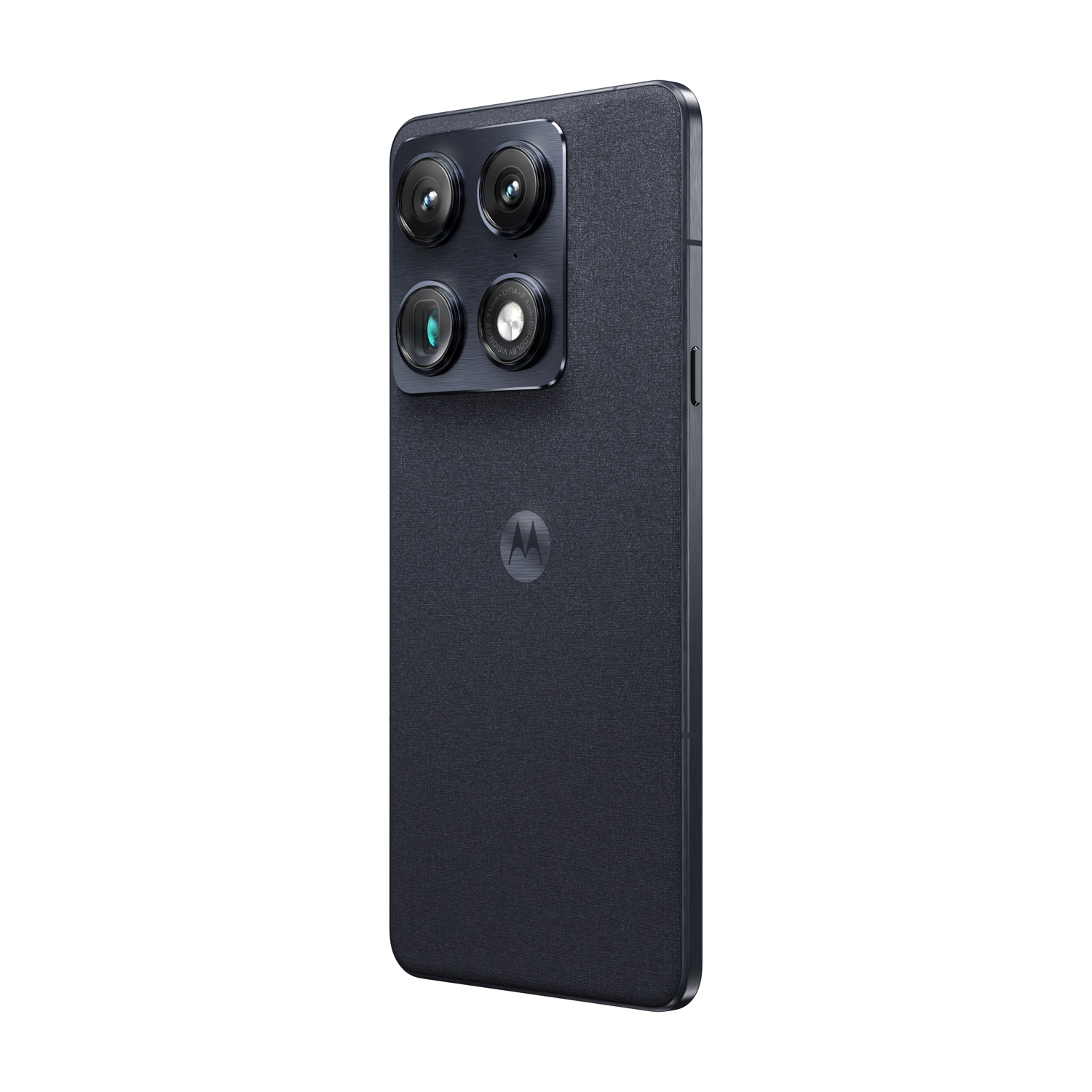 Smartphone Motorola grigio scuro con quattro fotocamere e logo Moto.