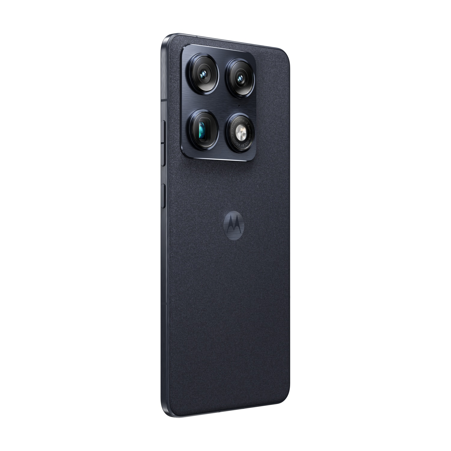 Smartphone grigio scuro con quattro fotocamere e logo Motorola su sfondo bianco.