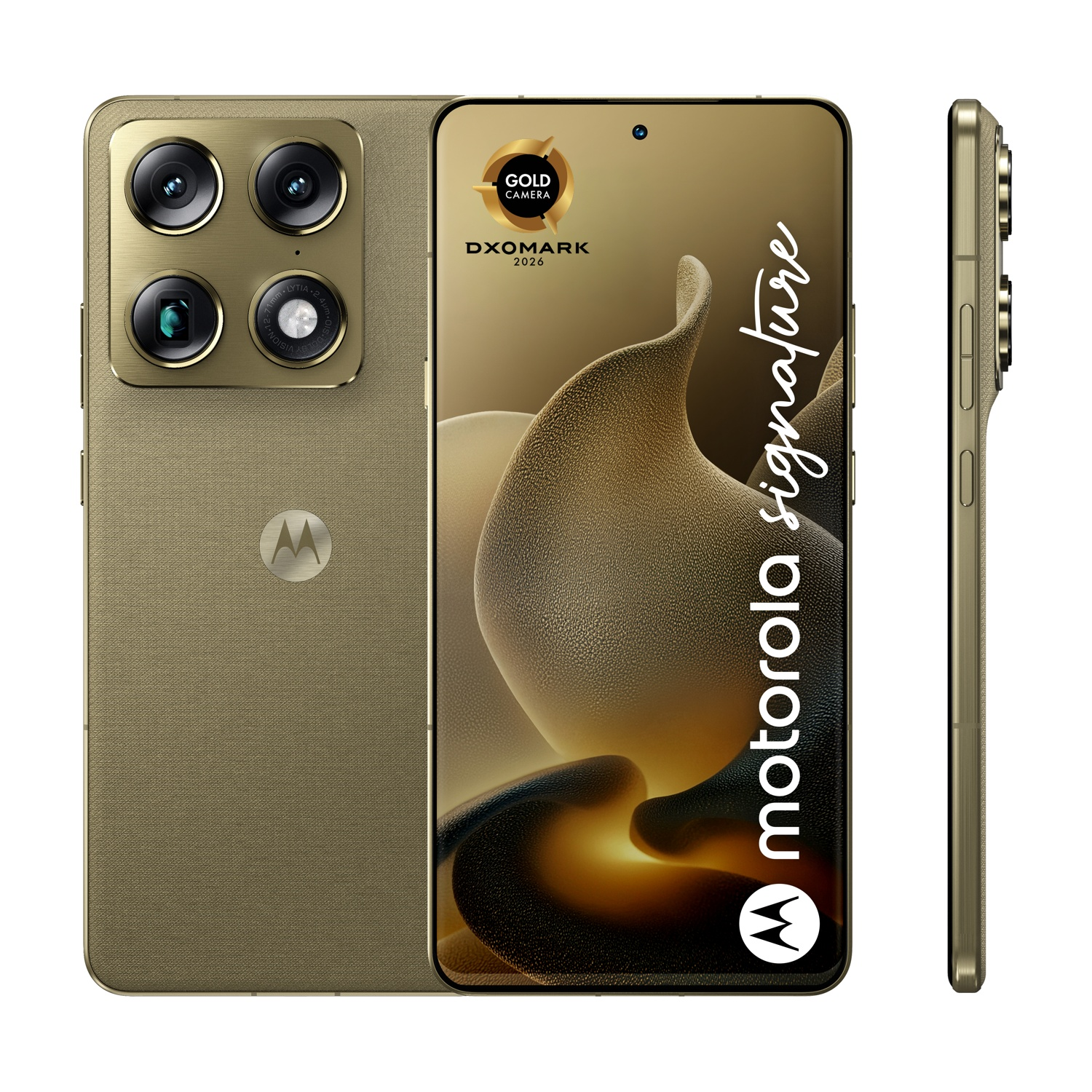 Smartphone Motorola dorato con quattro fotocamere. Sinistra: retro, centro: fronte, destra: vista laterale.