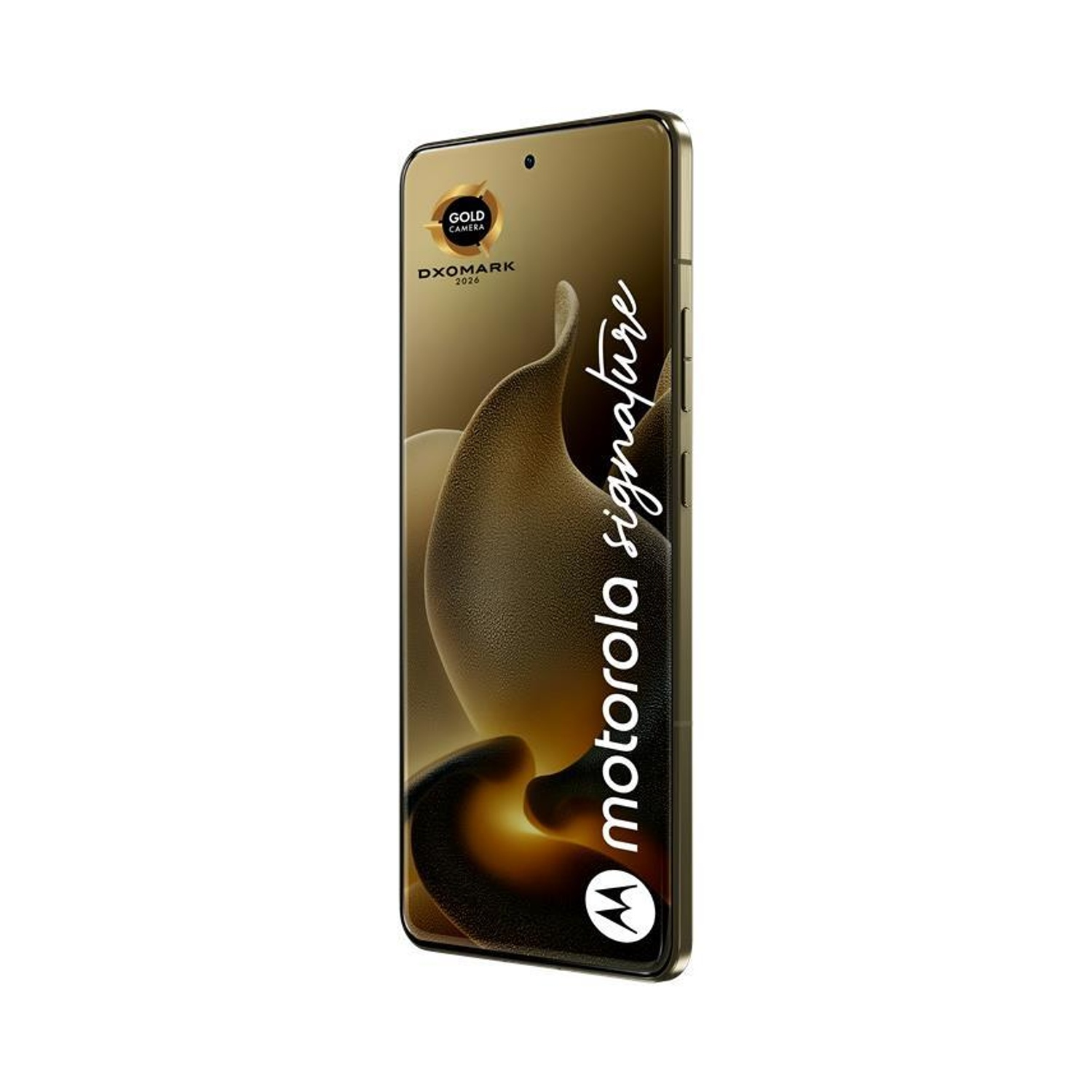 Smartphone Motorola Gold Camera DXOMARK 2026 con forme curve e logo.