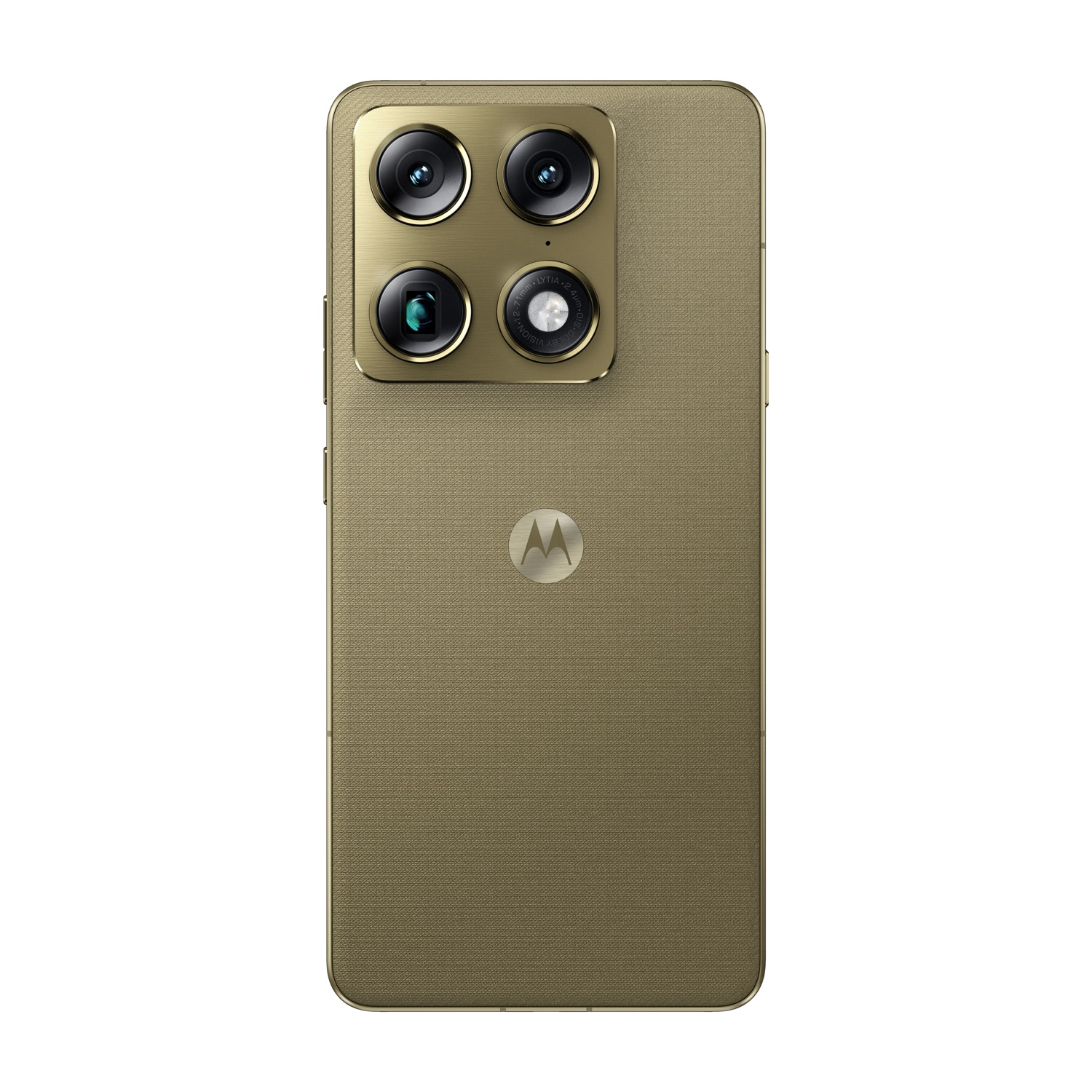 Retro di uno smartphone color bronzo con quattro fotocamere e logo Motorola.
