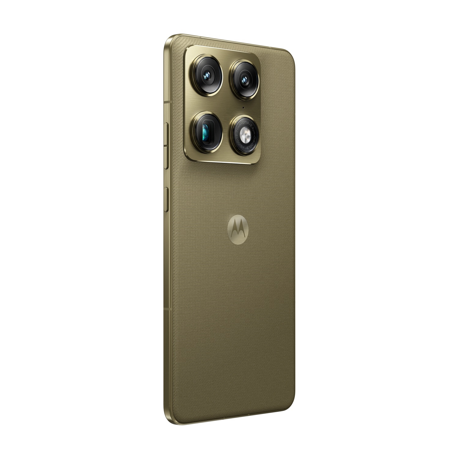 Retro di uno smartphone Motorola dorato con quattro fotocamere e logo M.