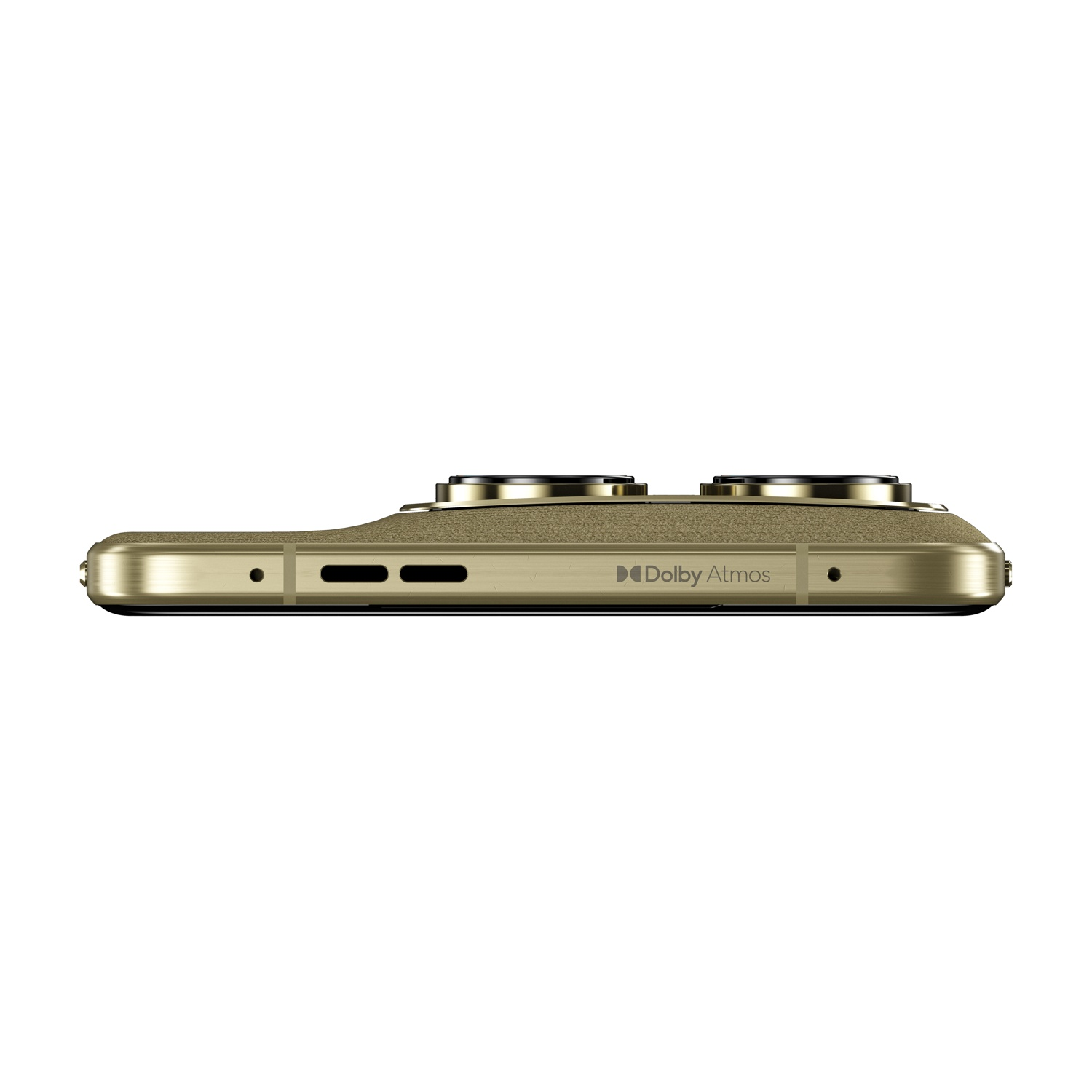 Smartphone dorato con due lenti e logo Dolby Atmos.