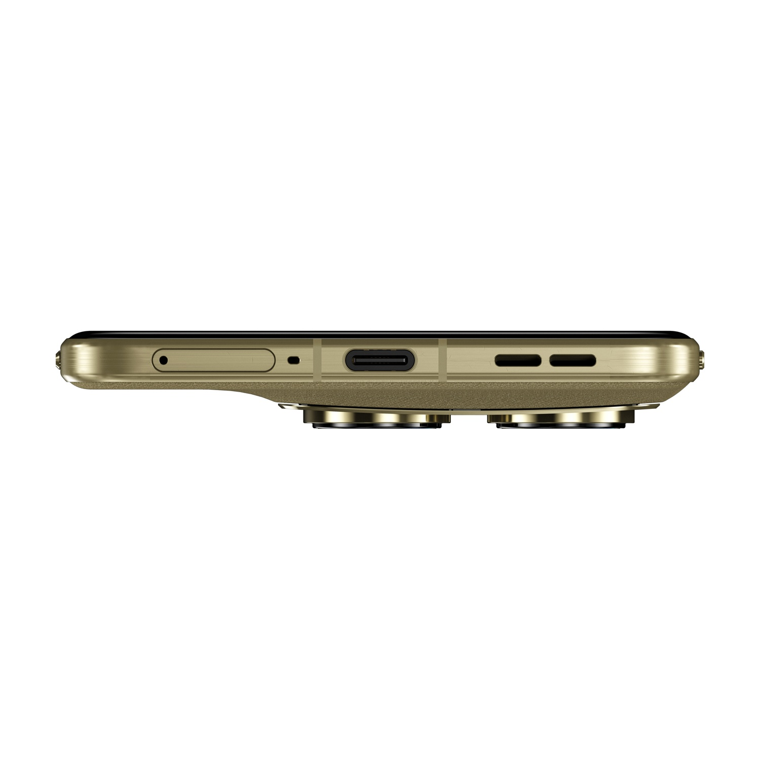 Smartphone dorato: porta USB-C, griglia altoparlante, slot SIM sul lato.