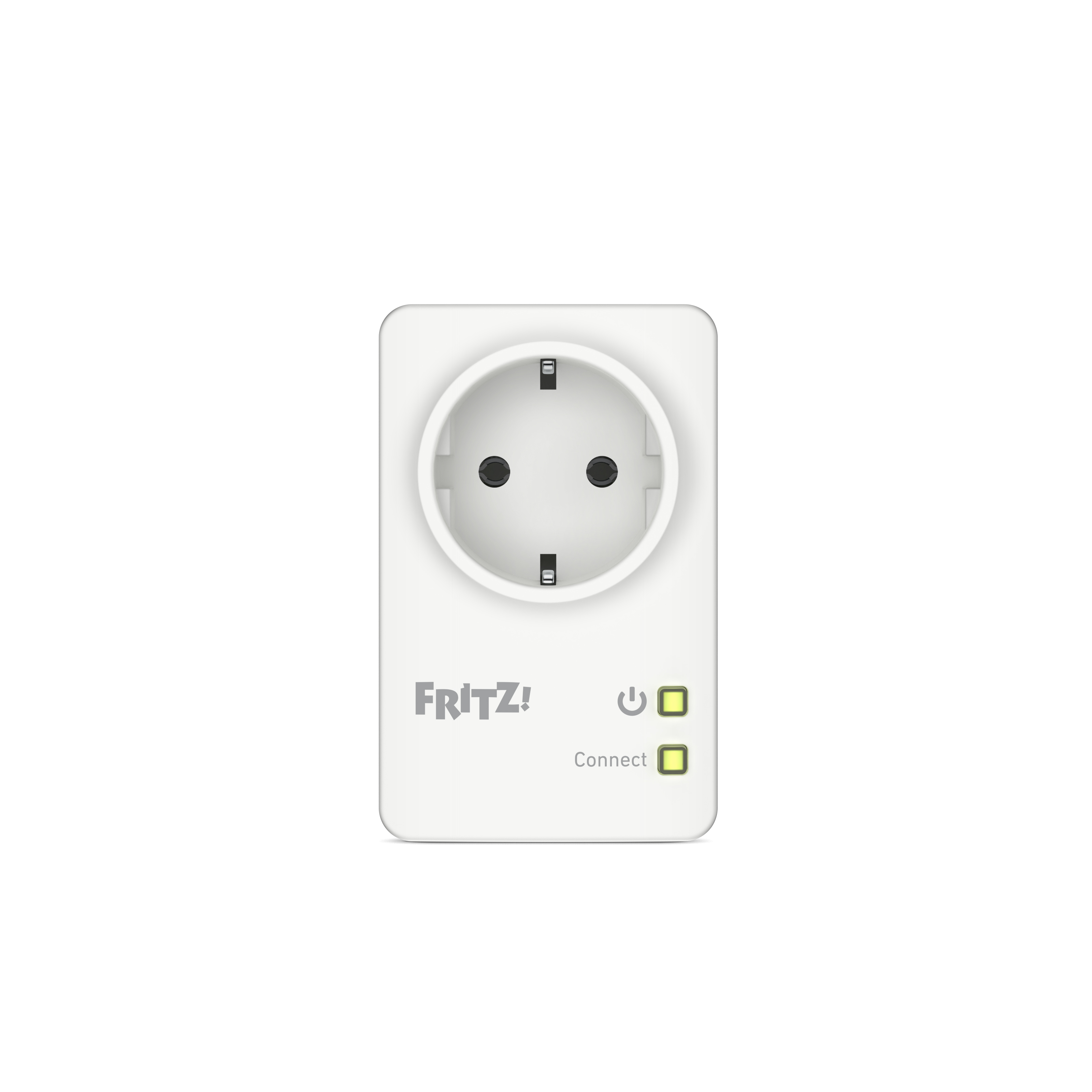 Ein weißer Fritz! WLAN-Repeater mit Steckdose und zwei grünen LEDs.