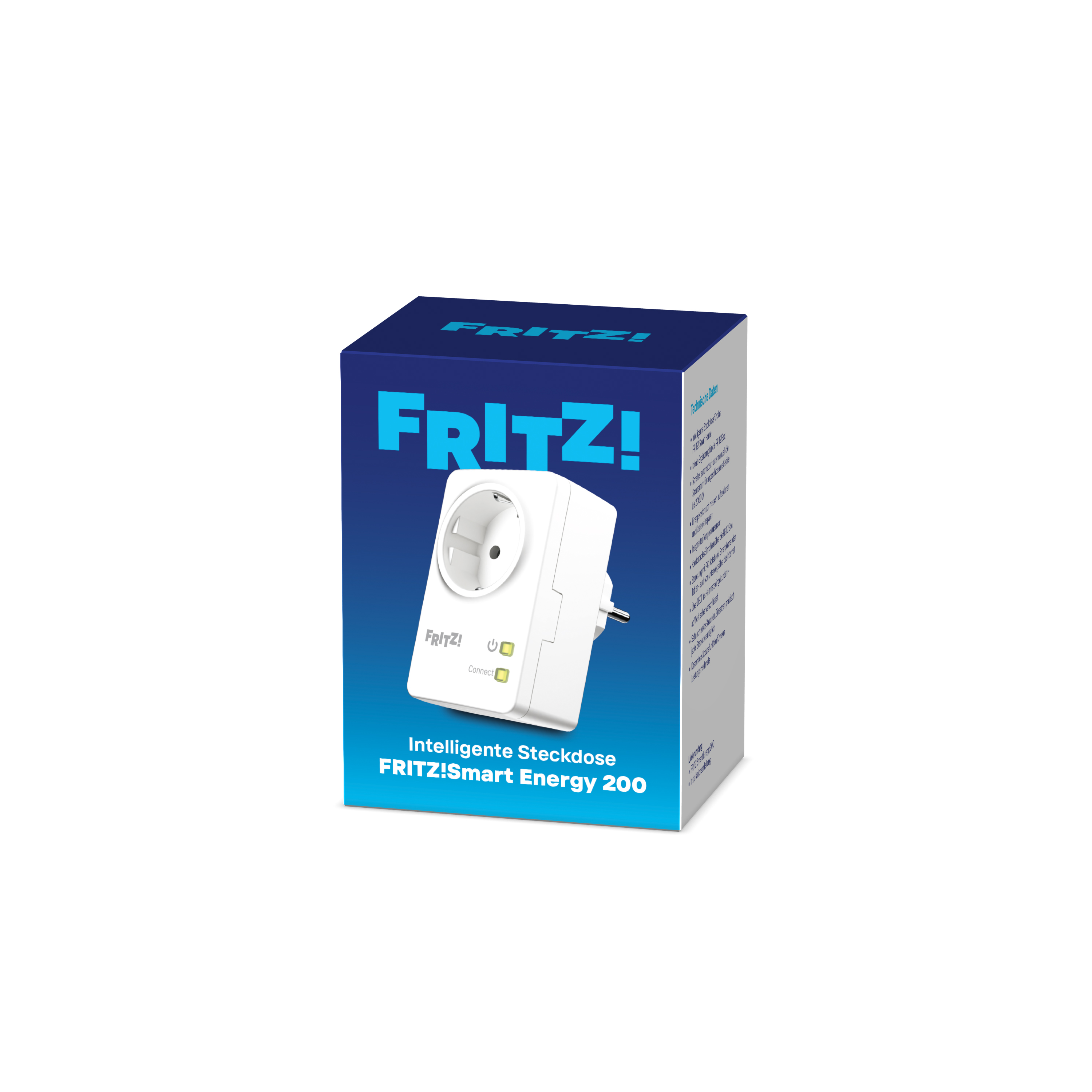 Weiße FRITZ!Smart Energy 200 Steckdose auf blauem Karton mit FRITZ!Logo.