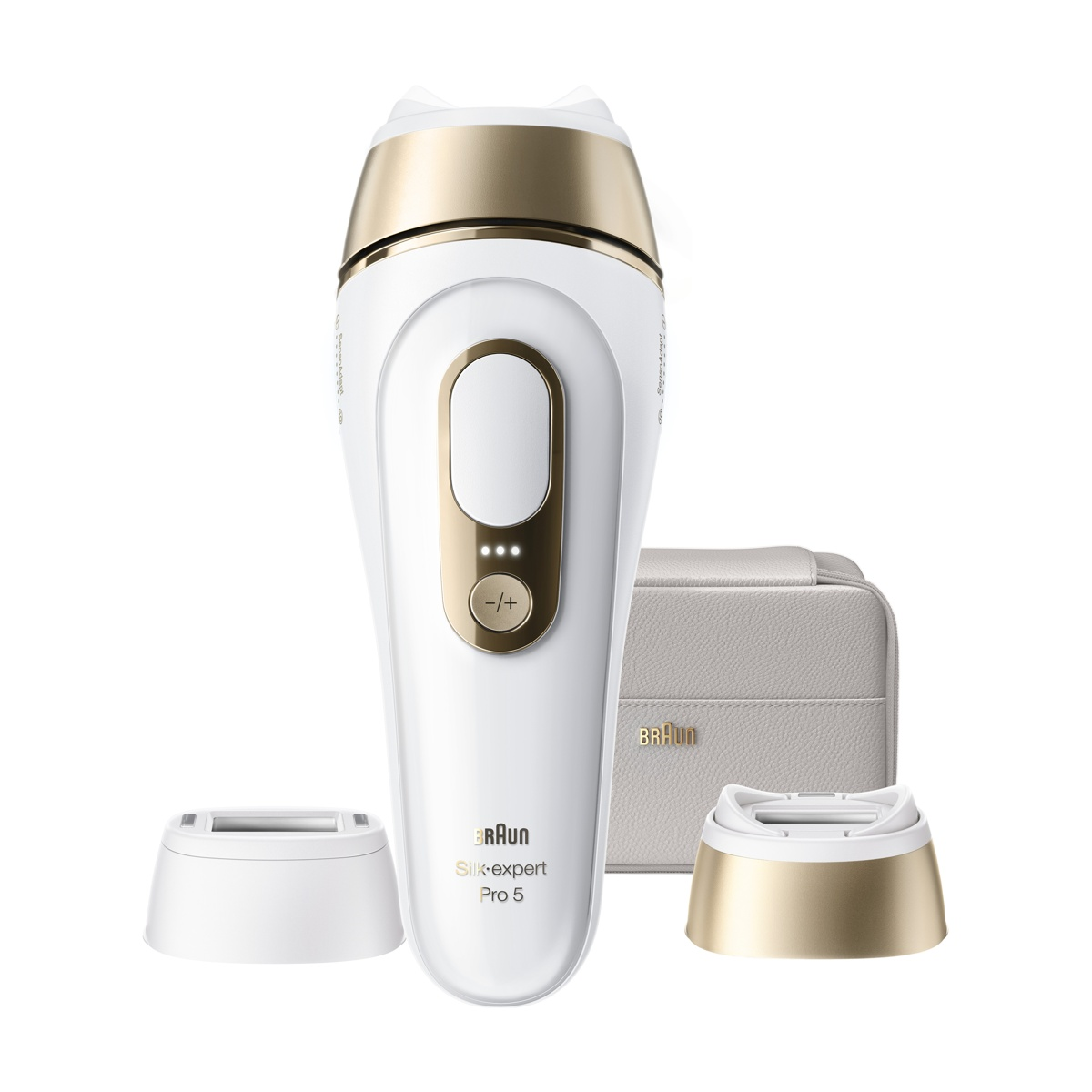 Un epilatore Braun Silk-expert Pro 5 bianco con accenti dorati e accessori.