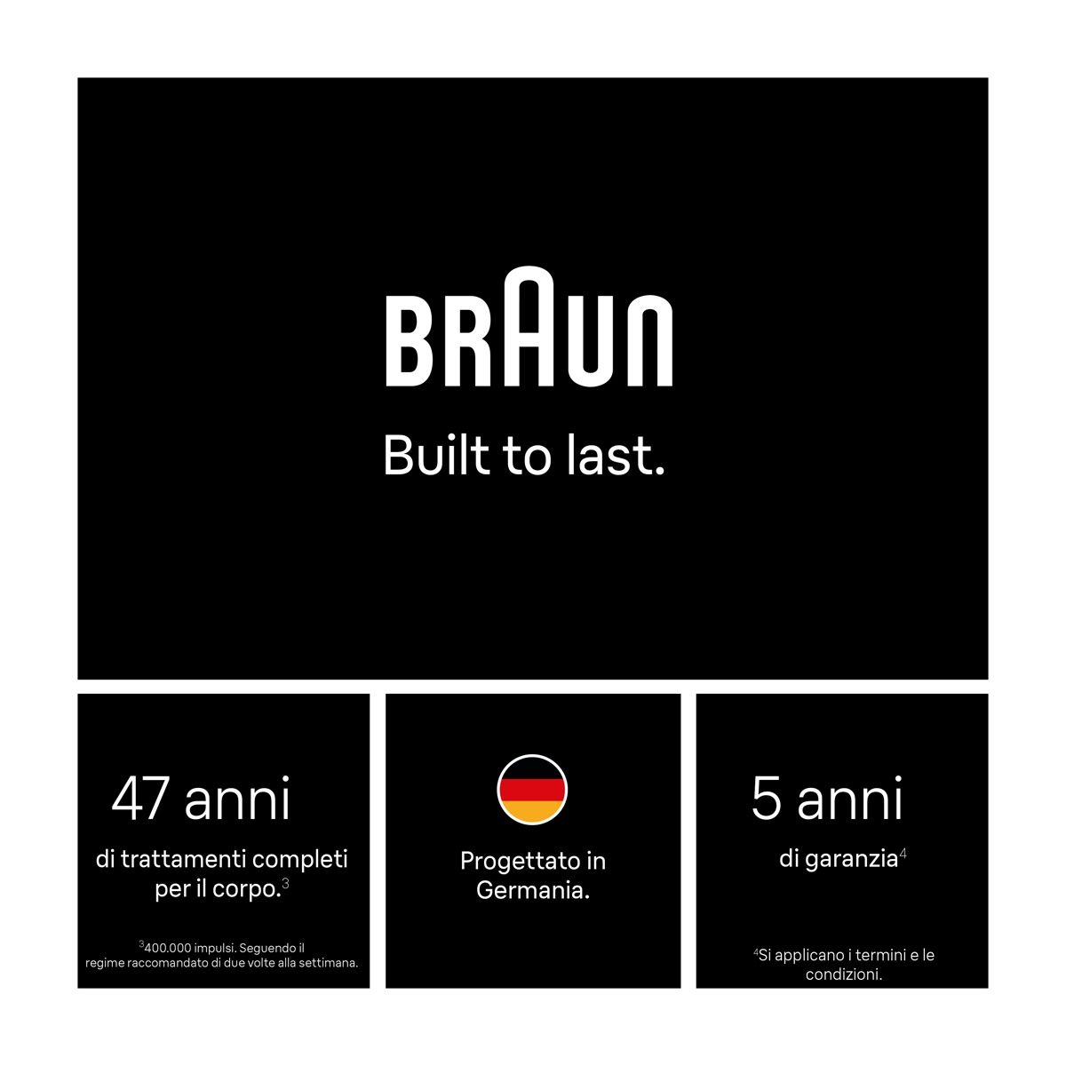 Logo Braun, 47 anni trattamenti corpo, progettato in Germania, 5 anni garanzia.