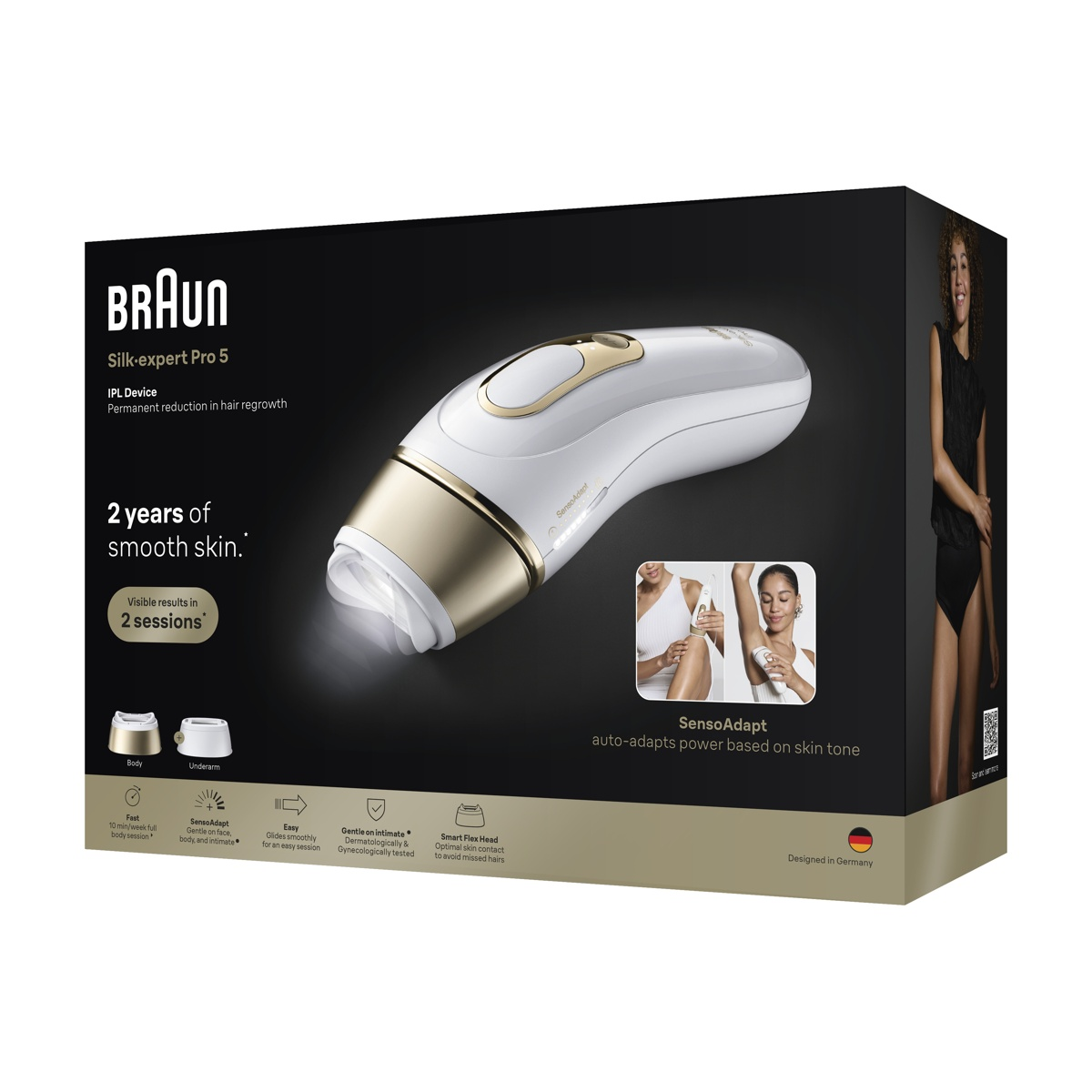 Dispositivo epilatore IPL Braun con accessori, su confezione nera.
