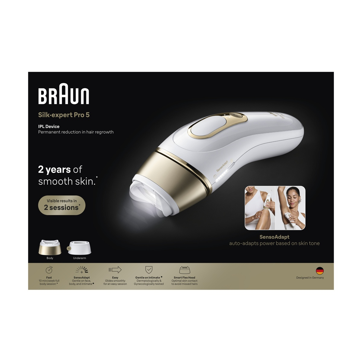 Dispositivo IPL Braun Silk-expert Pro 5 con tecnologia SensoAdapt per la riduzione permanente dei peli.