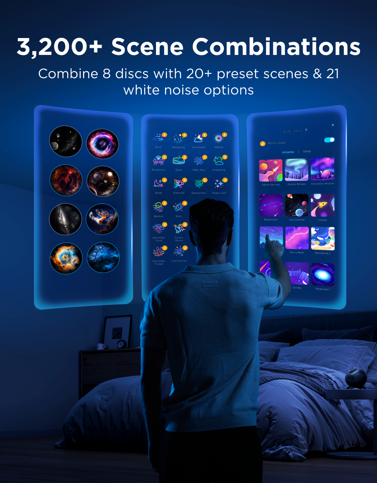 Mann wählt Sternen-Szene auf Projektor-Interface in Schlafzimmer.