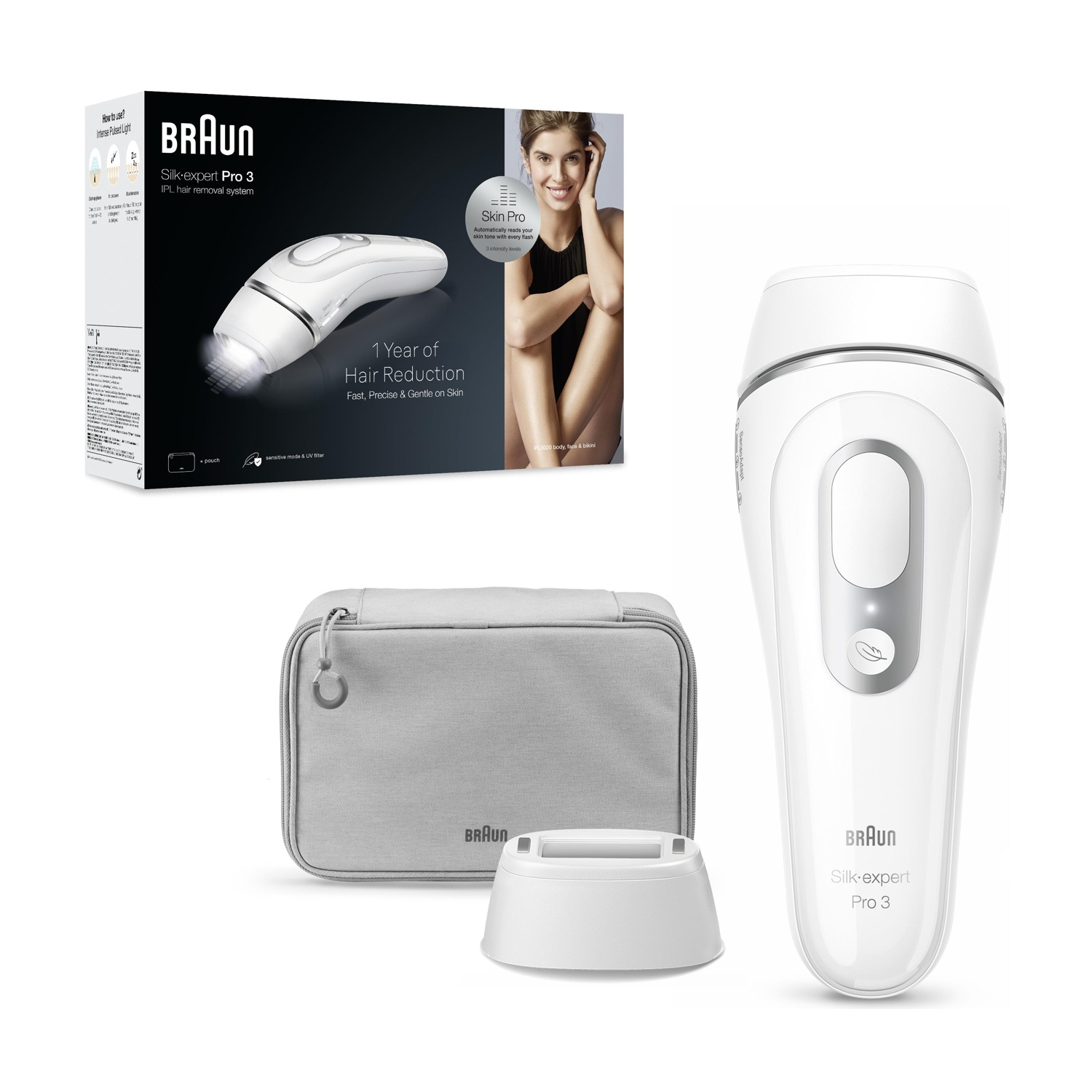 Epilatore Braun Silk-expert Pro 3 IPL con accessori e scatola.