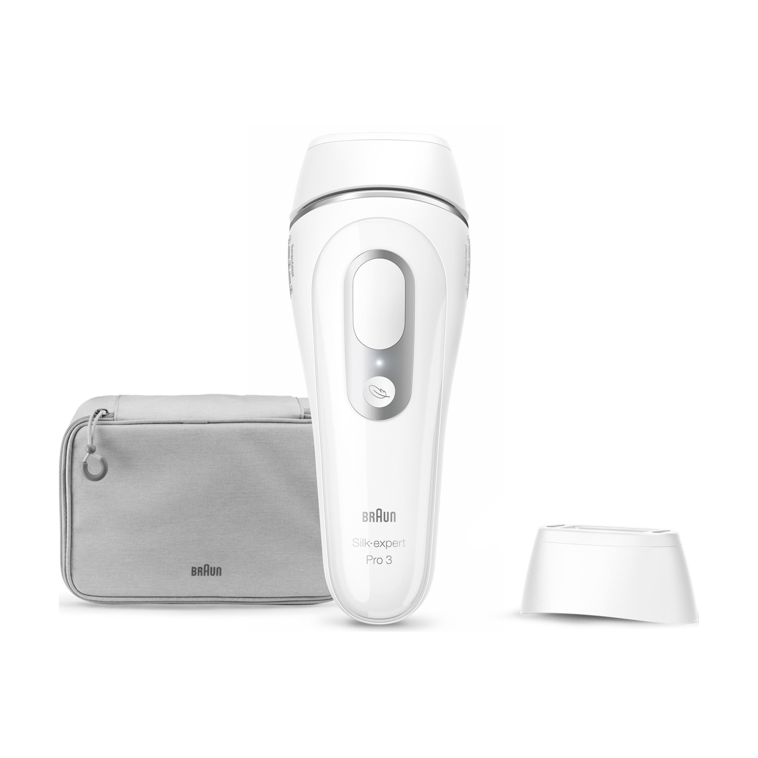 Un epilatore IPL bianco con accessori su sfondo bianco.