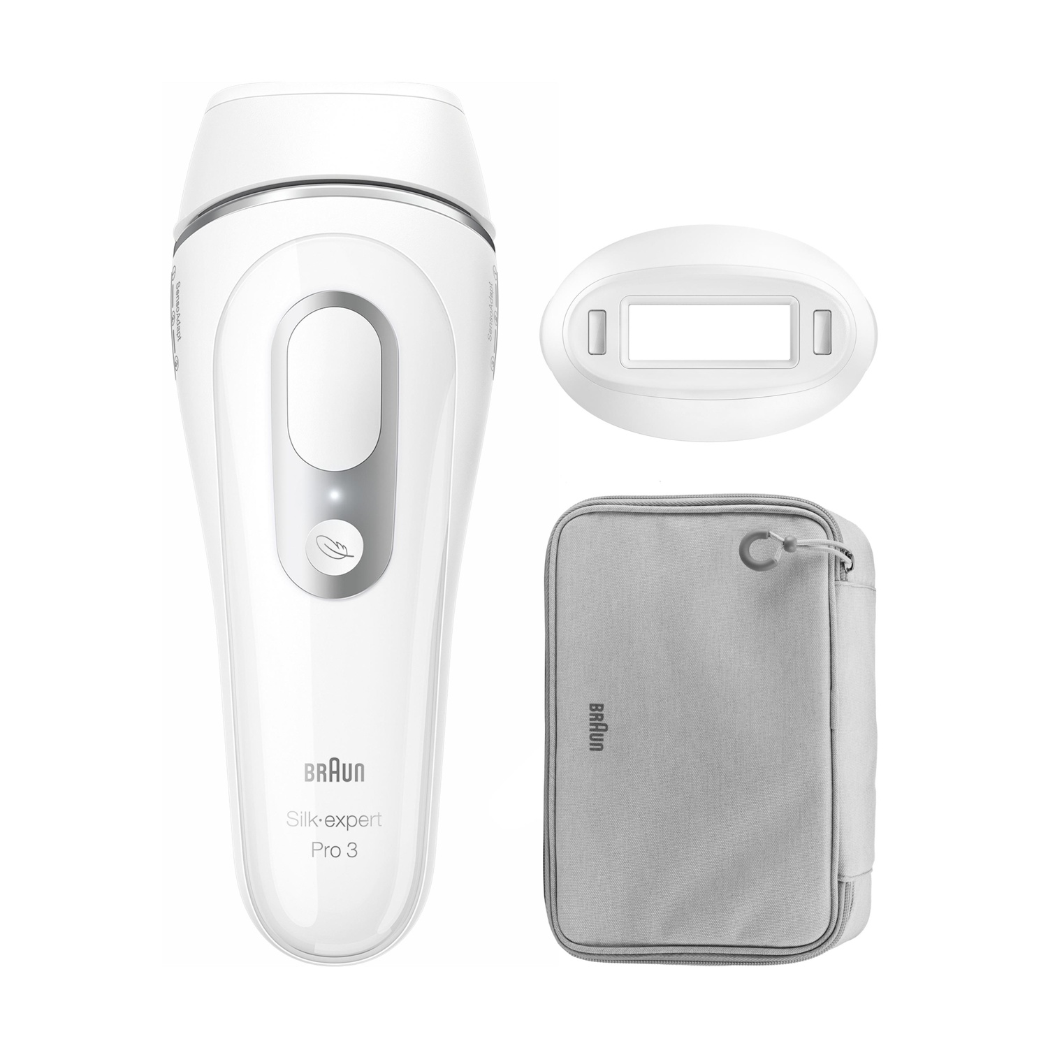 Un epilatore Braun Silk-expert Pro 3 bianco con accessorio e pochette grigia.