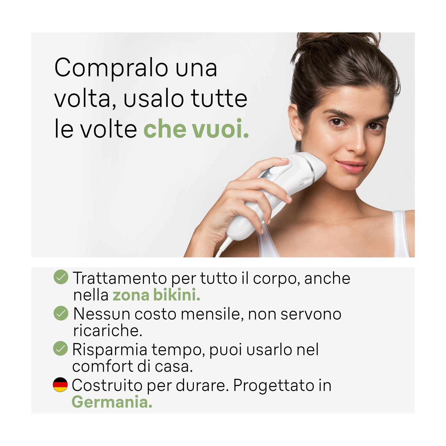 Una donna usa un dispositivo IPL sul viso. Testo: Compralo una volta, usalo quanto vuoi.