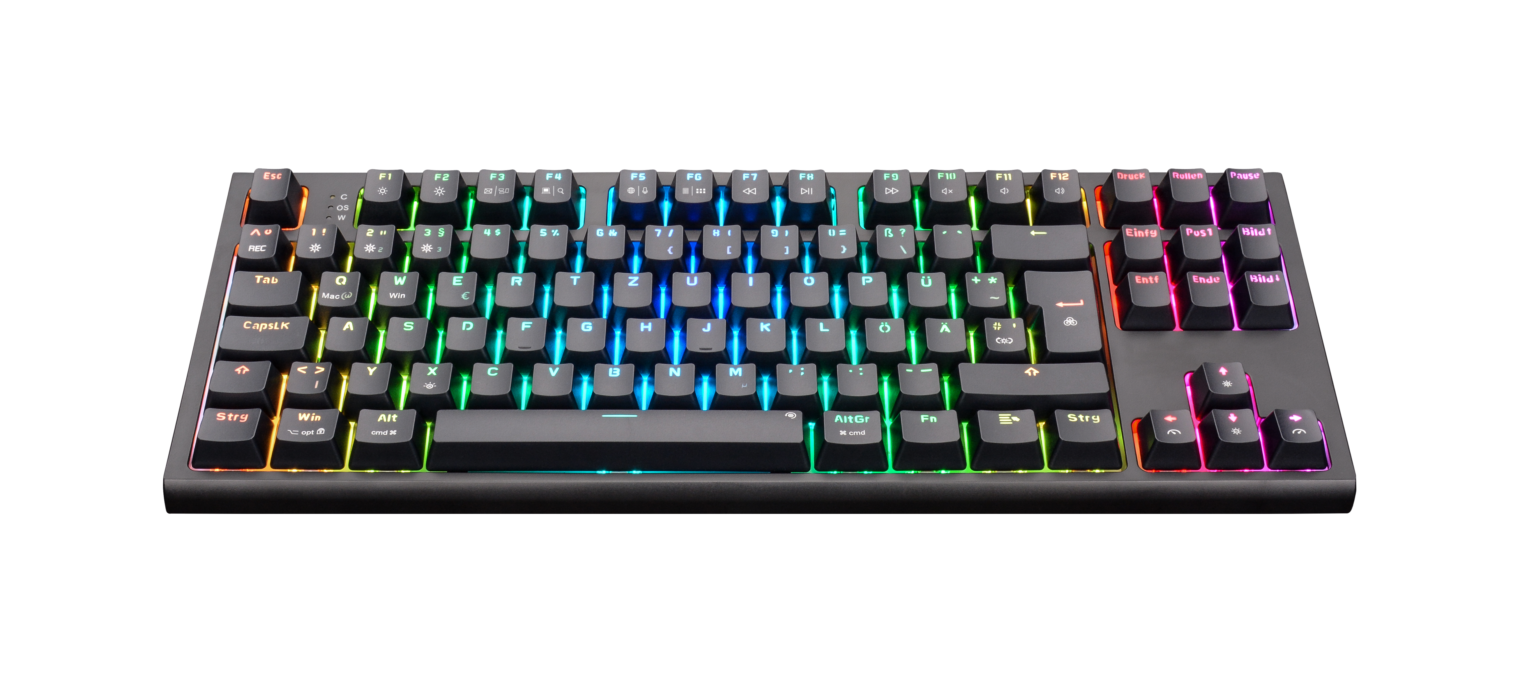 Eine schwarze Tastatur mit bunten RGB-Tastenbeleuchtungen auf schwarzem Hintergrund.