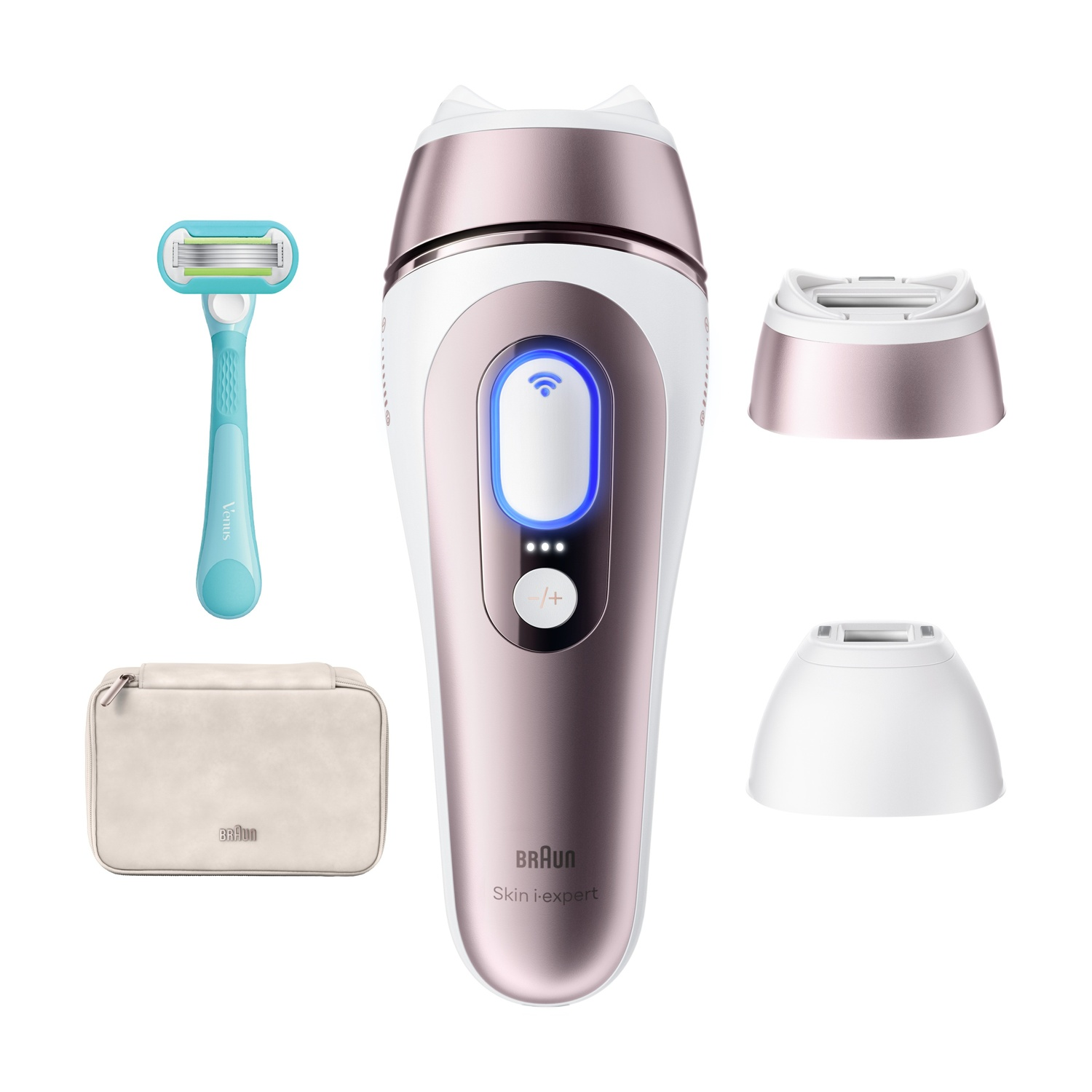 Dispositivo IPL Braun con rasoio, pochette e accessori oro rosa e bianco.