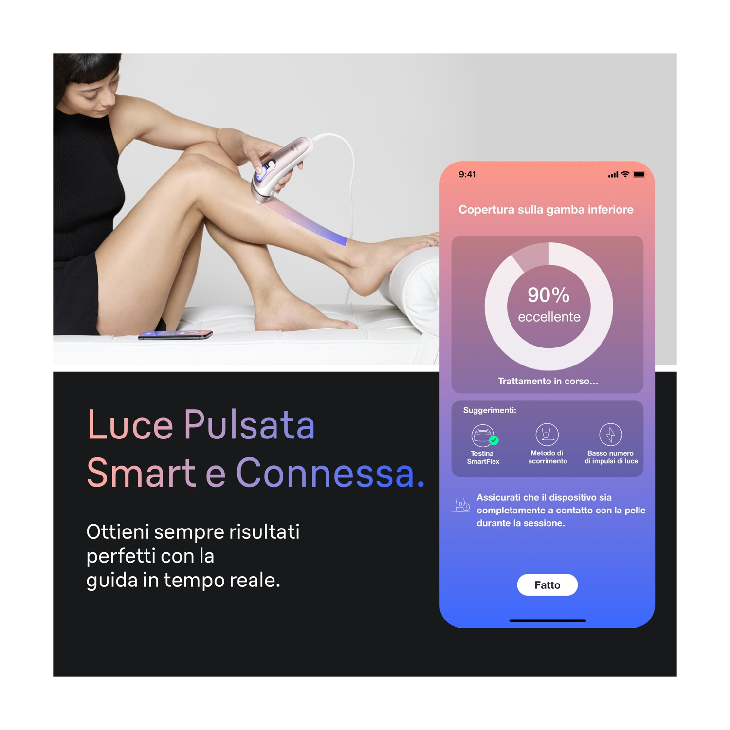 Donna usa dispositivo IPL sulla gamba; app mostra 90% copertura e progresso.